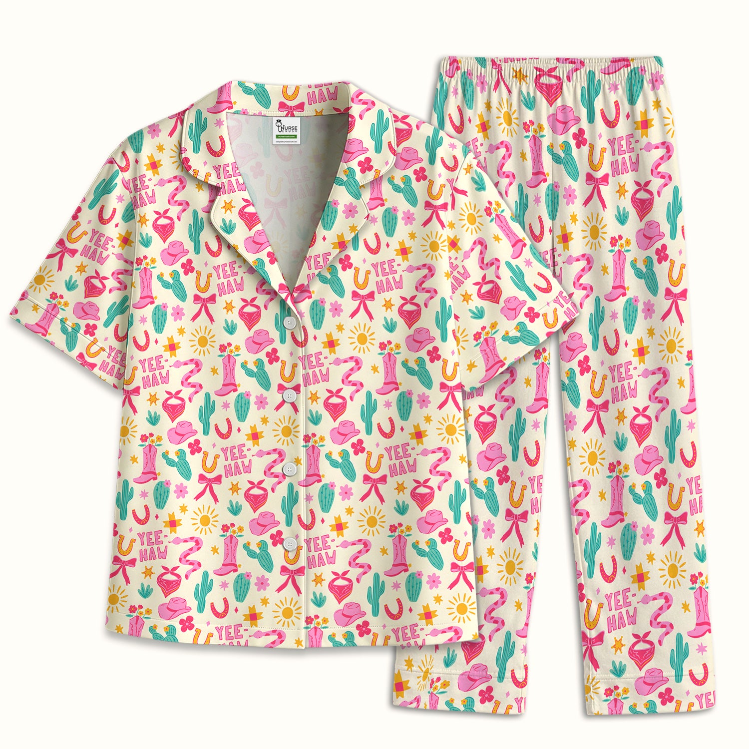 Pink Western Cowgirl Nurse Pattern Pajama Set, Soft Breathable Fabric Comfortable Sleepwear