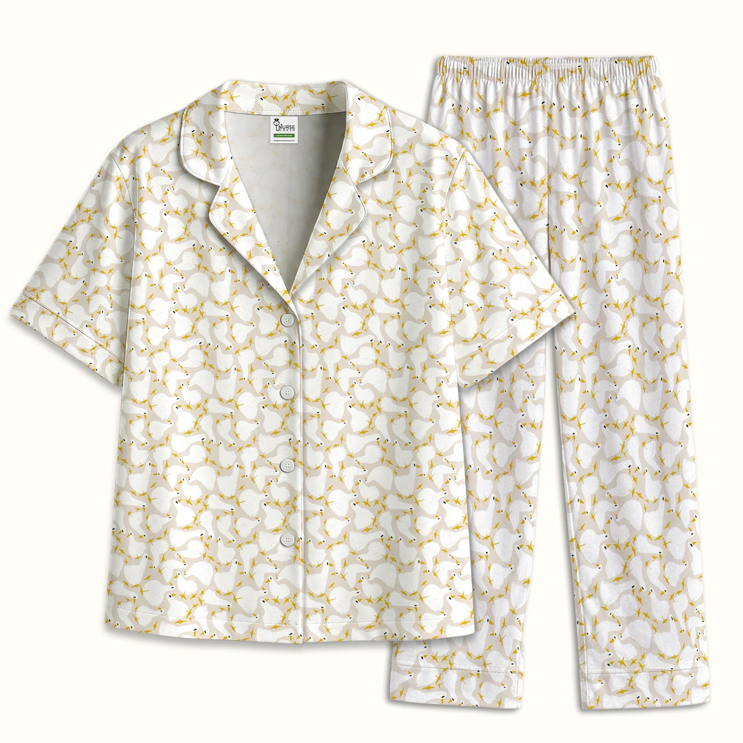 Cute White Goose Yellow Star Pattern Pajama Set, Soft Breathable Fabric Comfortable Sleepwear