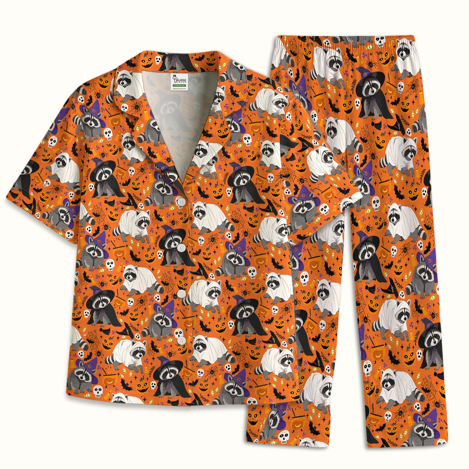 Cute Halloween Raccoon Costumes Print Pajama Set, Soft Breathable Fabric Comfortable Sleepwear