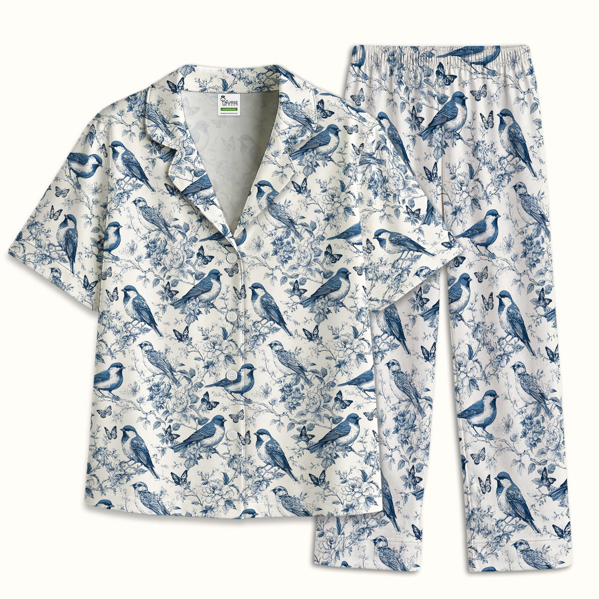 Blue Toile Songbird With Butterfly Print Pajama Set, Soft Breathable Fabric Comfortable Sleepwear