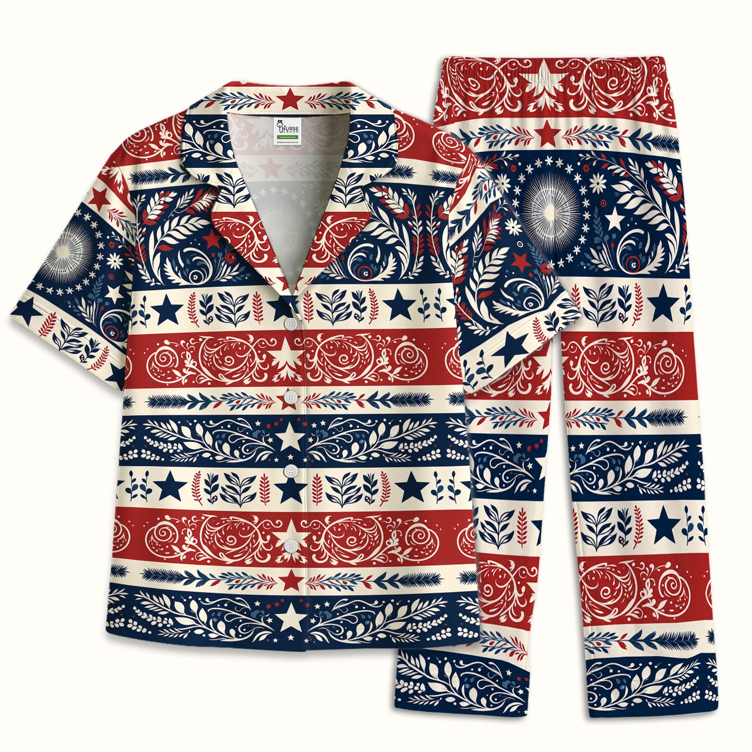 Patriotic Americana Starburst Floral Pattern Pajama Set, Soft Breathable Fabric Comfortable Sleepwear