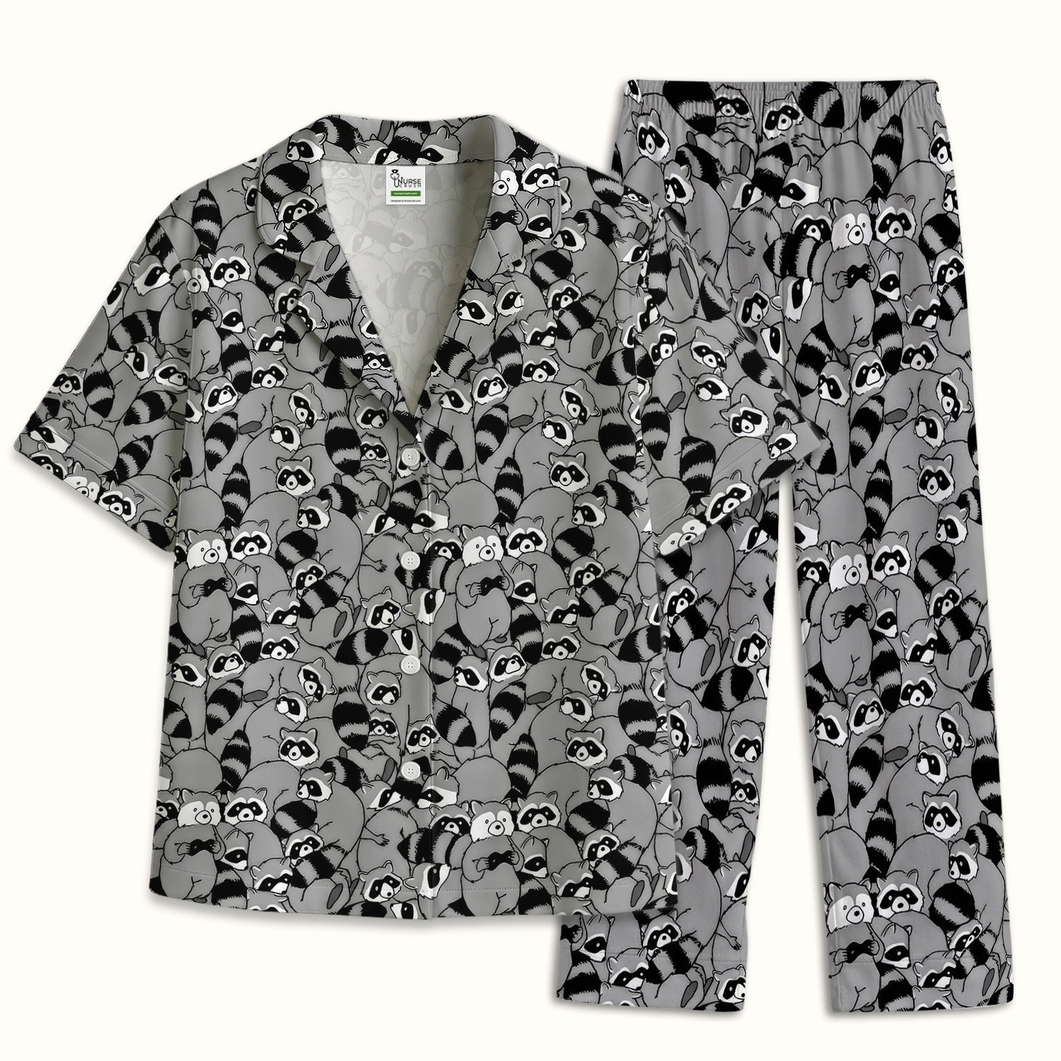 Cute Nurse Raccoon Crowd Pattern Pajama Set, Breathable Fabrics Uniform