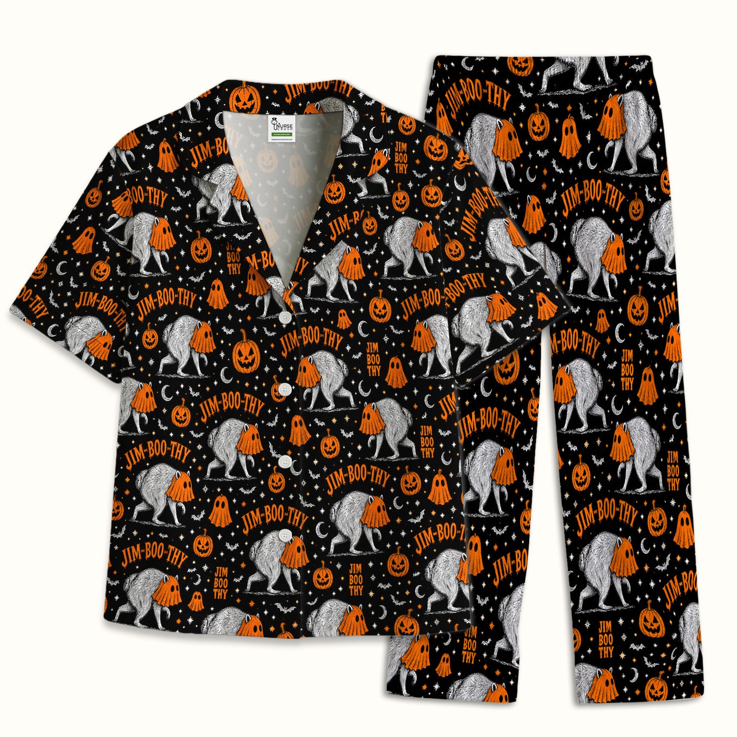 Funny Halloween Ghost Jimothy Pattern Pajama Set, Soft Breathable Fabric Comfortable Sleepwear