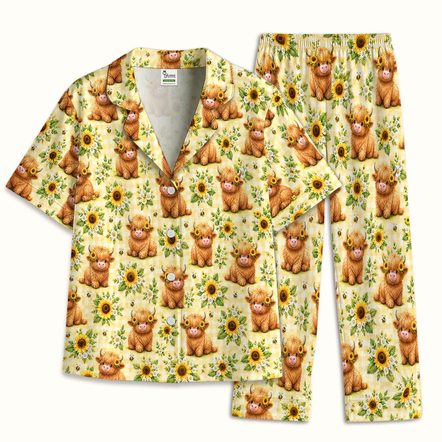 Sunflower Highland Cow And Bee Pattern Pajama Set, Soft Breathable Fabric Comfortable Sleepwear