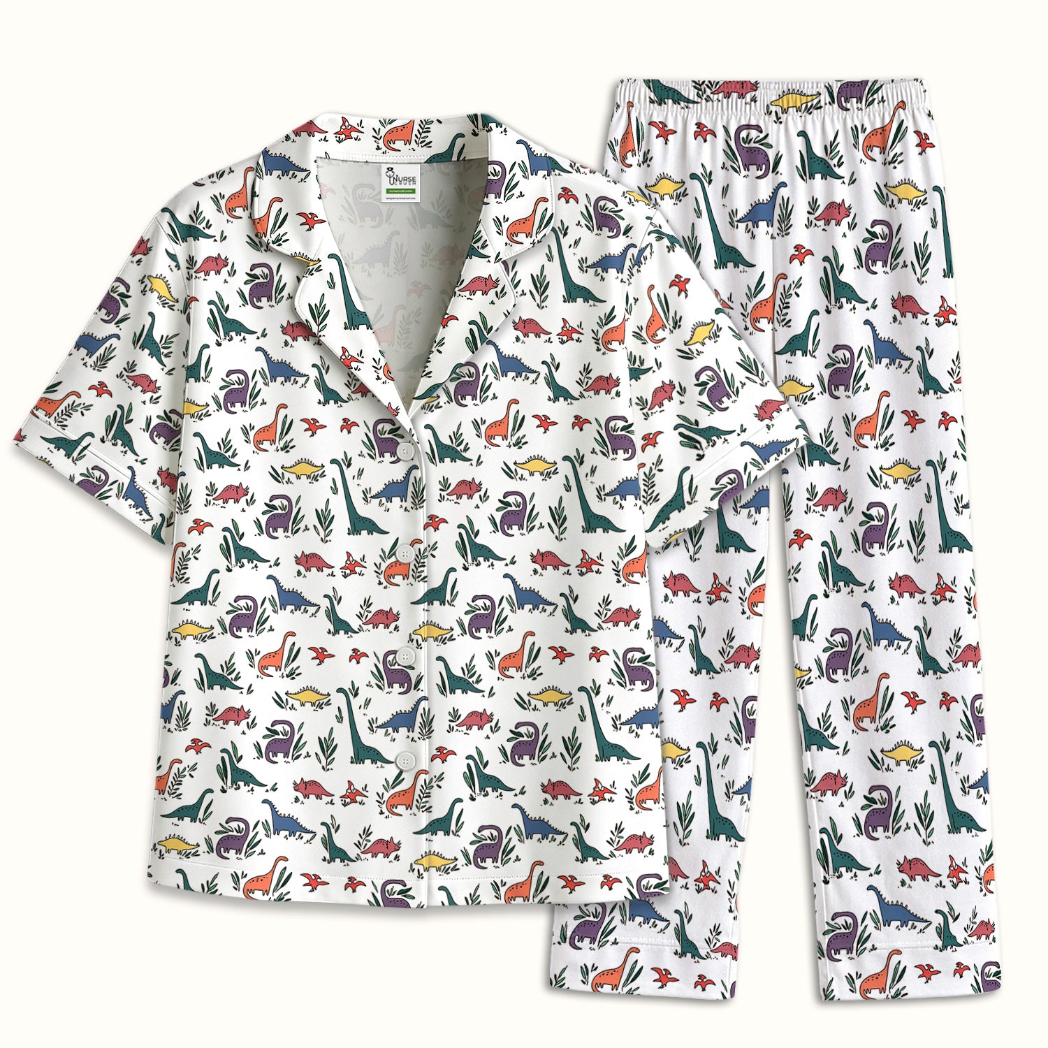 Cute Dinosaur Leafy Garden Pattern Pajama Set, Soft Breathable Fabric Comfortable Sleepwear