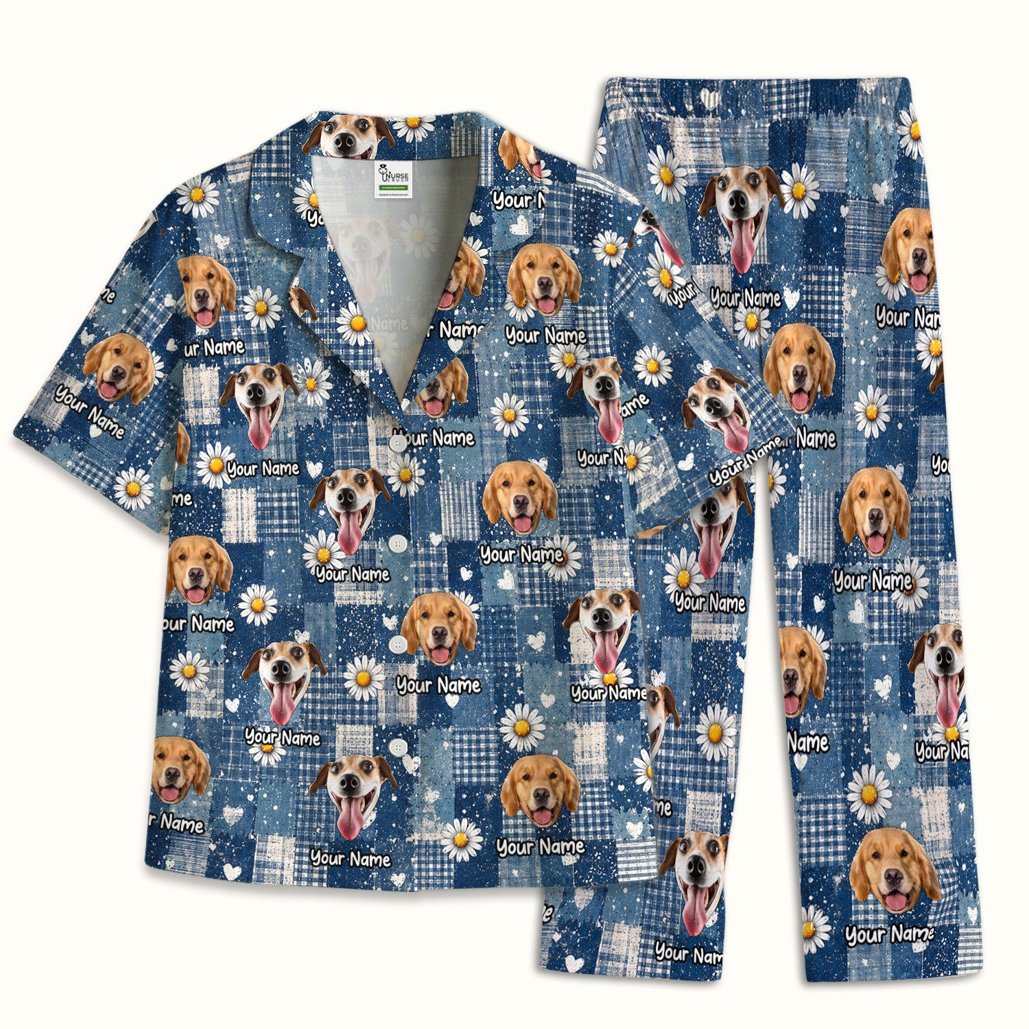Personalized Cute Dog Portrait On Blue Patchwork Daisy Pattern Pajama Set, Soft Breathable Fabric Comfortable Sleepwear