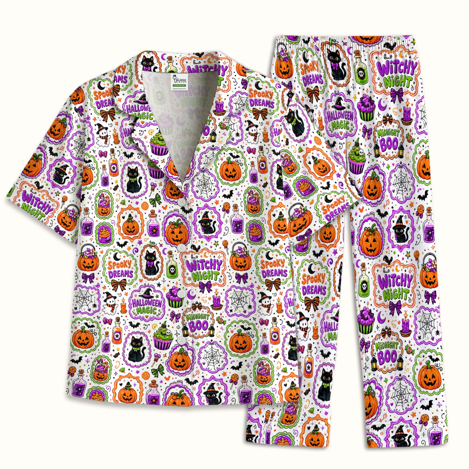 Witchy Halloween Magic And Pumpkins Pajama Set, Soft Breathable Fabric Comfortable Sleepwear