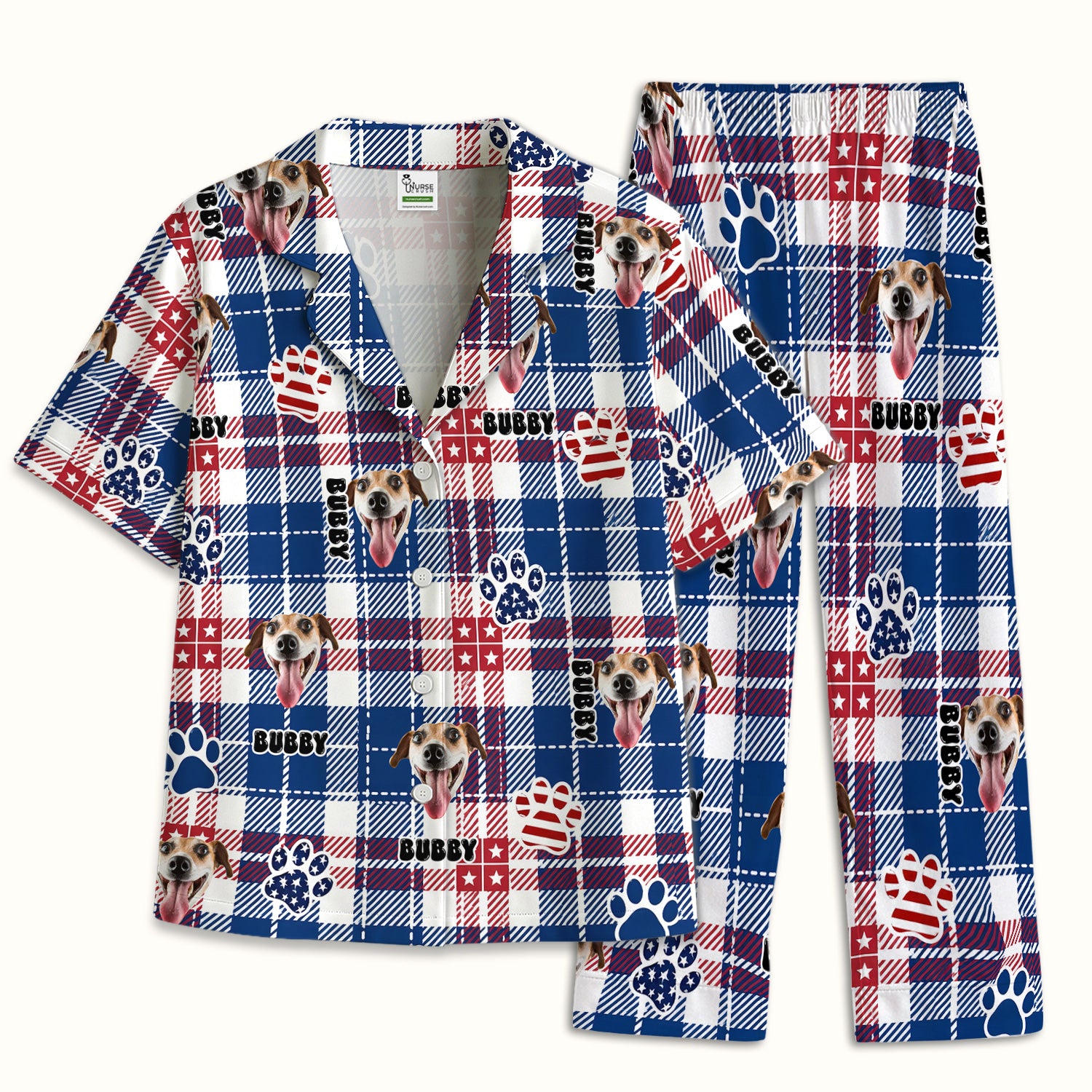 Custom Dog Face Pajama Set, Patriotic Dog Plaid Pattern, Soft Breathable Fabric Comfortable Sleepwear
