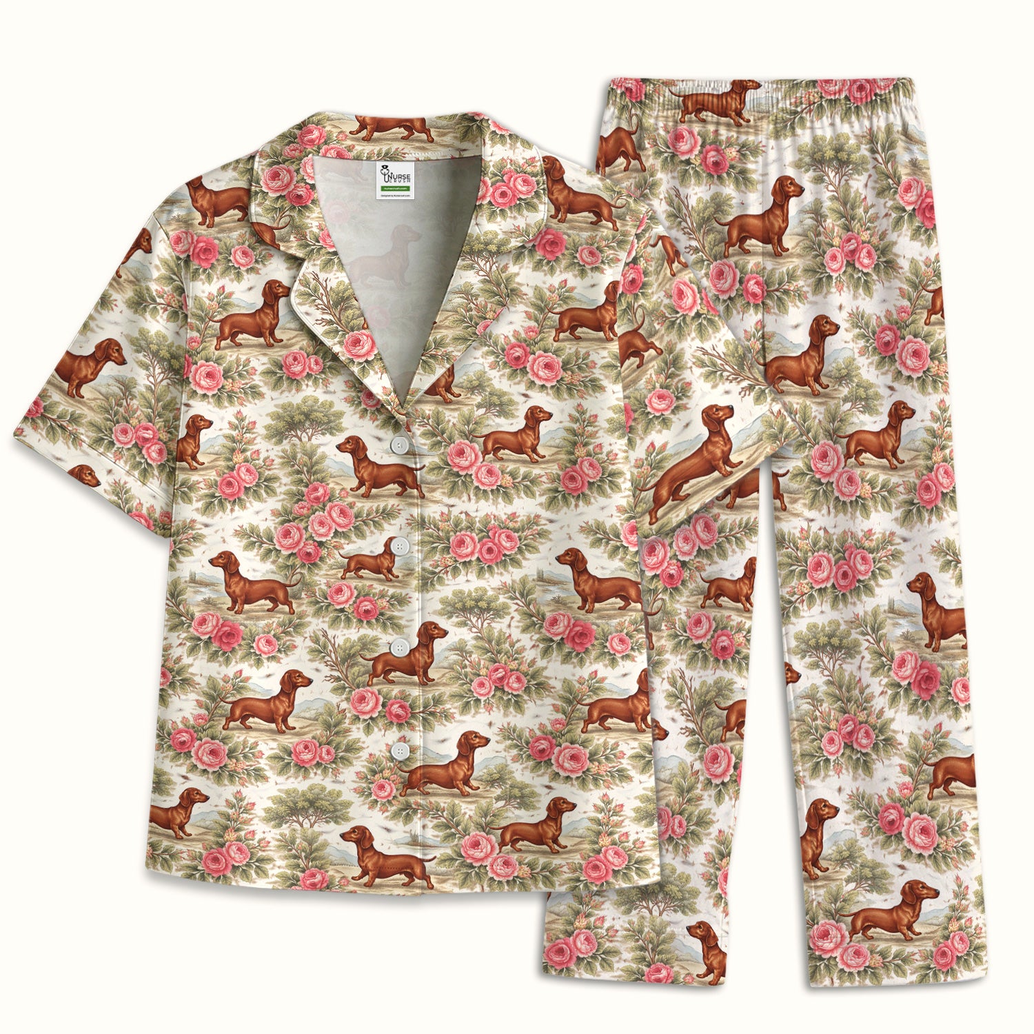 Vintage Dachshund Rose Floral Pattern Pajama Set, Soft Breathable Fabric Comfortable Sleepwear