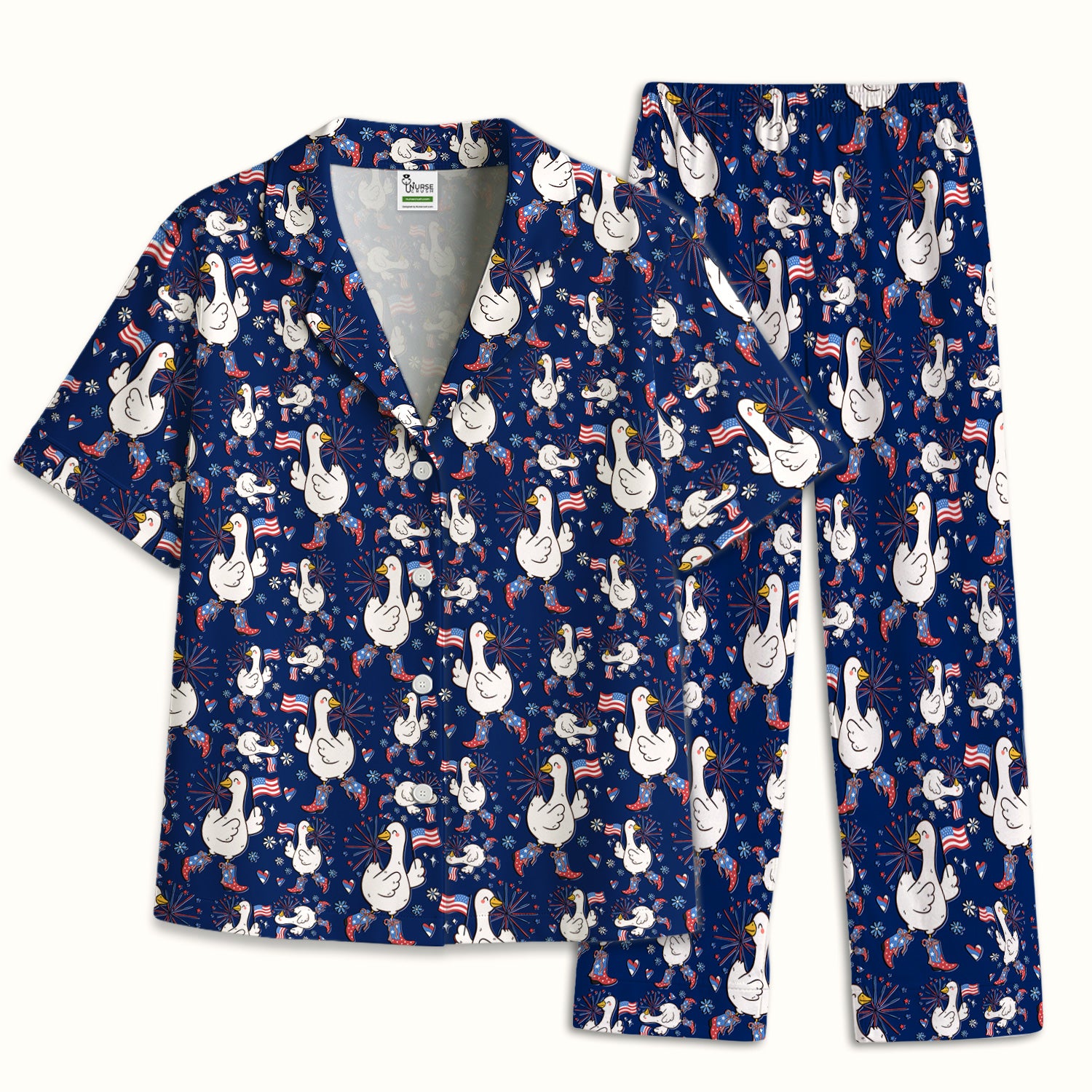 Patriotic Goose With USA Flag Fireworks Pajama Set, Soft Breathable Fabric Comfortable Sleepwear