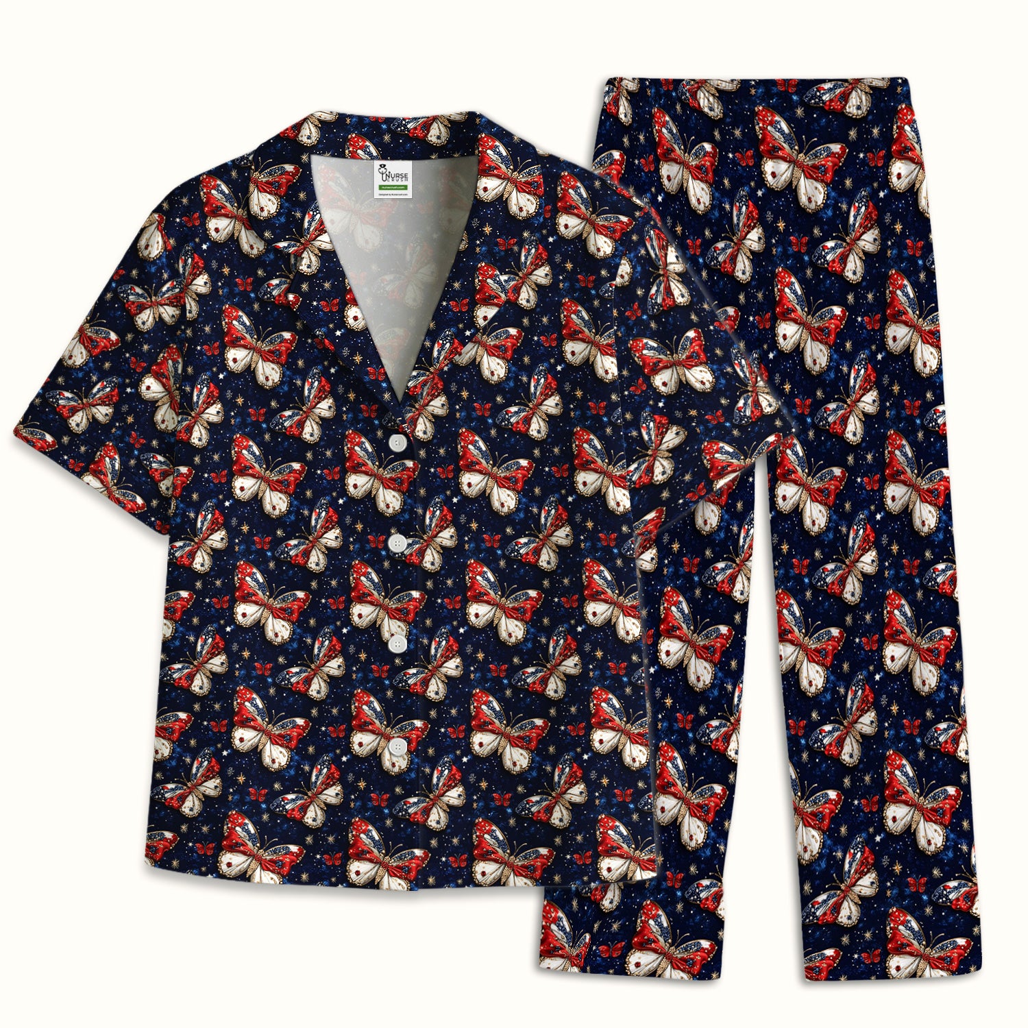 Patriotic Butterfly Nurse for RN & CNA, Americana Stars Healthcare Workers Uniform Pajama Set, Soft Breathable Fabric Comfortable Sleepwear