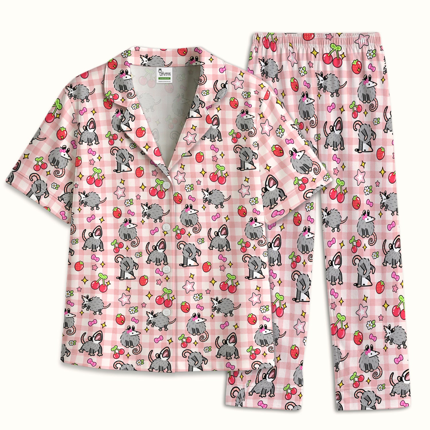 Cute Opossum And Cherries Gingham Pattern Pajama Set, Soft Breathable Fabric Comfortable Sleepwear
