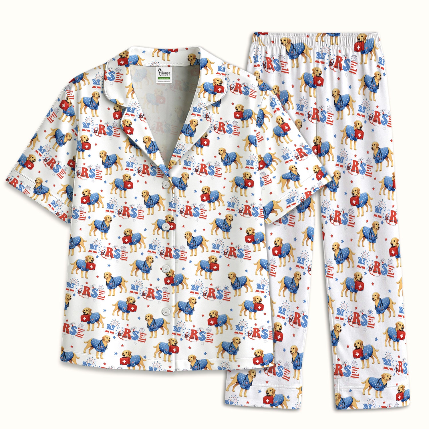 Patriotic Nurse Dog Medical Pattern Pajama Set, Breathable Fabrics Uniform
