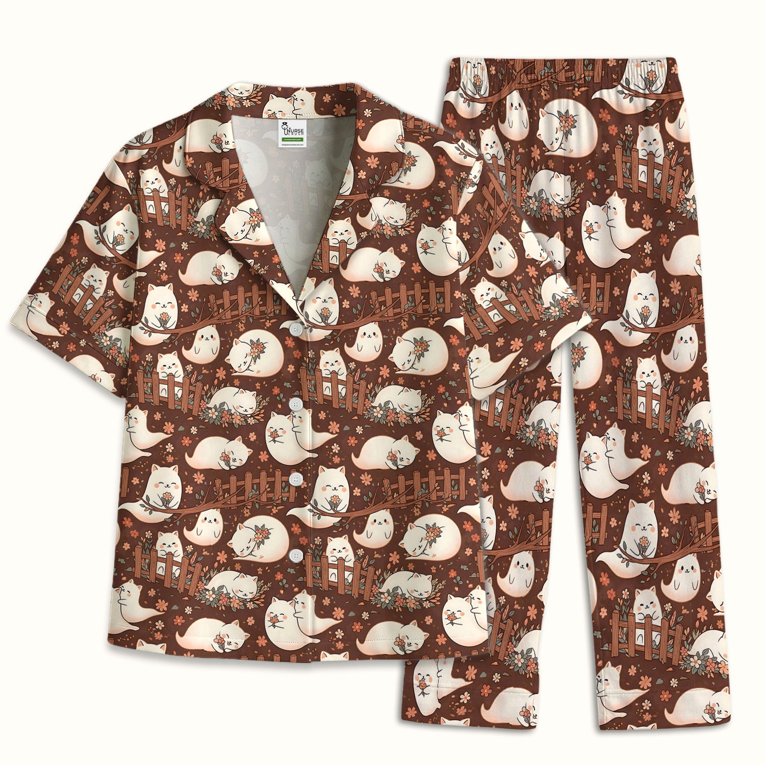 Floral Cat with Garden Fence Print Pajama Set, Soft Breathable Fabric Comfortable Sleepwear