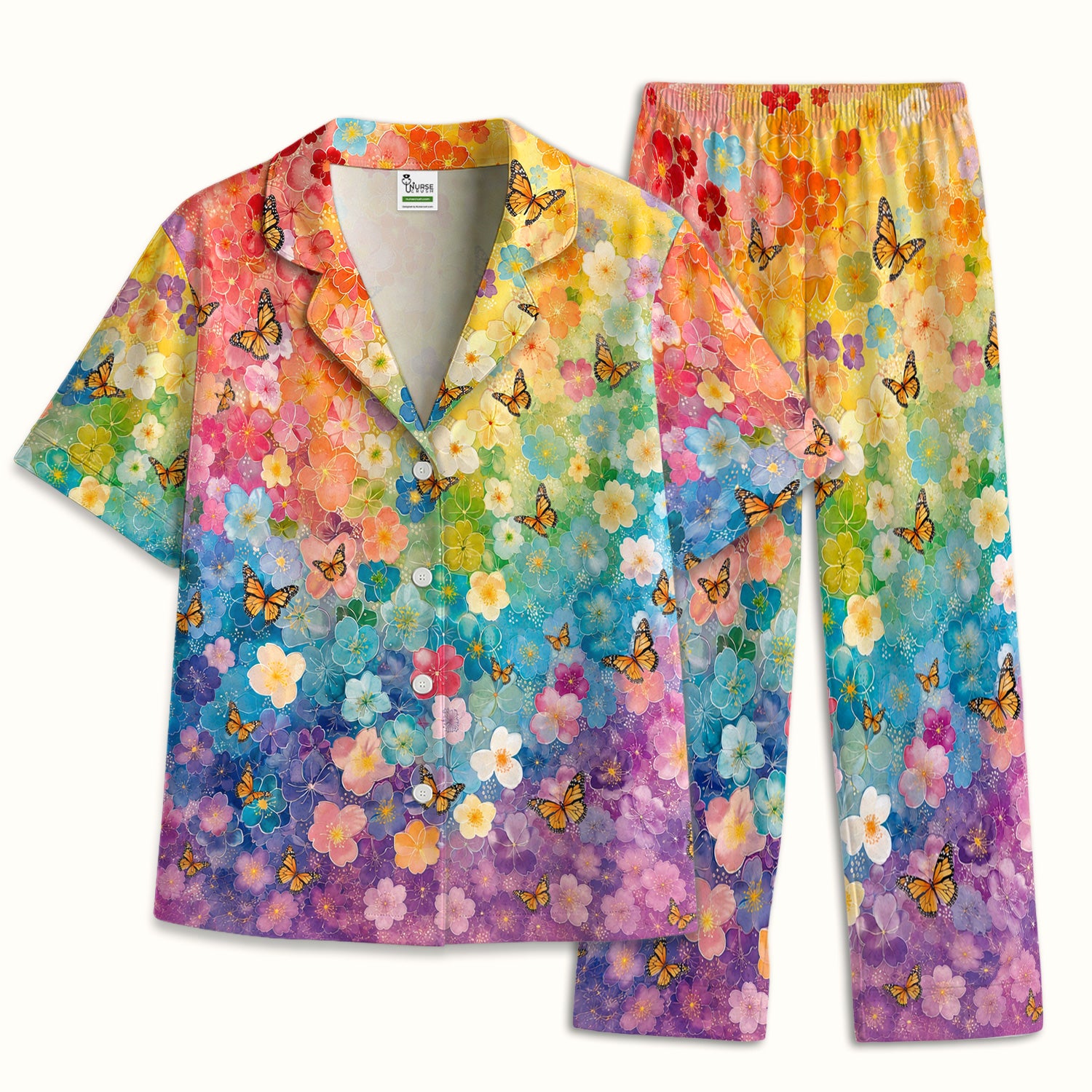 Rainbow Butterfly Floral Blossom Pattern Pajama Set, Soft Breathable Fabric Comfortable Sleepwear