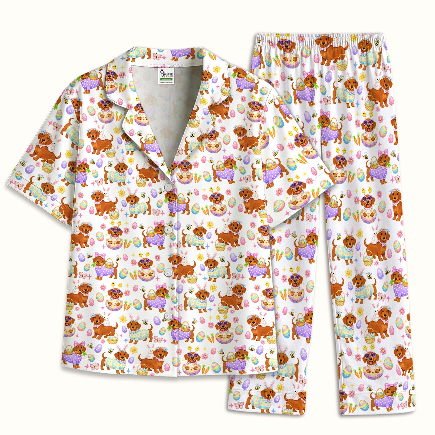 Cute Easter Dachshund Dog Pattern Pajama Set, Breathable Fabrics Uniform