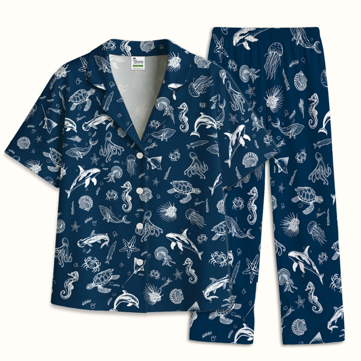 Marine Sea Life Pattern Pajama Set, Breathable Fabrics Uniform