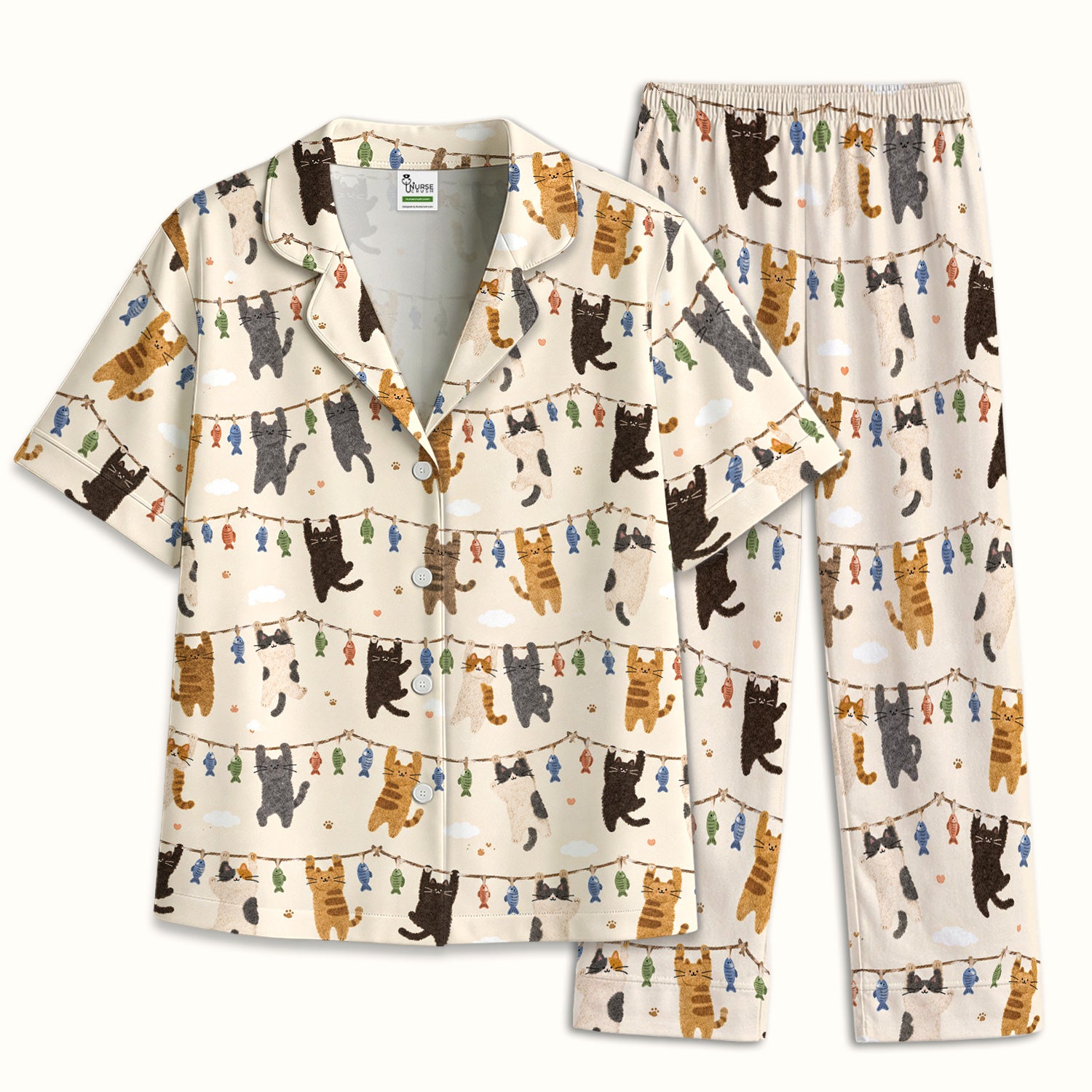 Cute Hanging Cat Fishline Pattern Pajama Set, Soft Breathable Fabric Comfortable Sleepwear