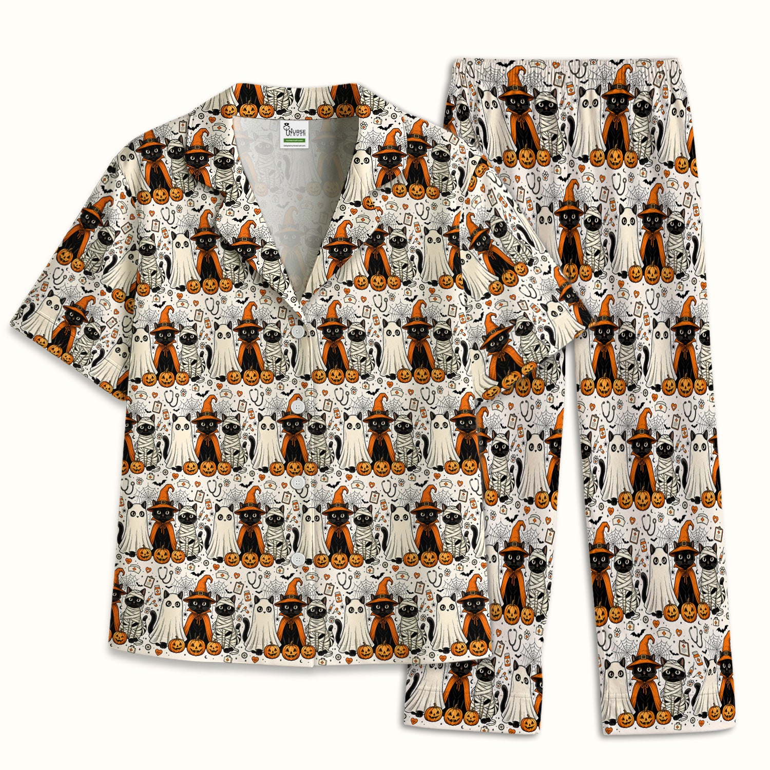 Spooky Halloween Costume Cats Pajama Set, Soft Breathable Fabric Comfortable Sleepwear