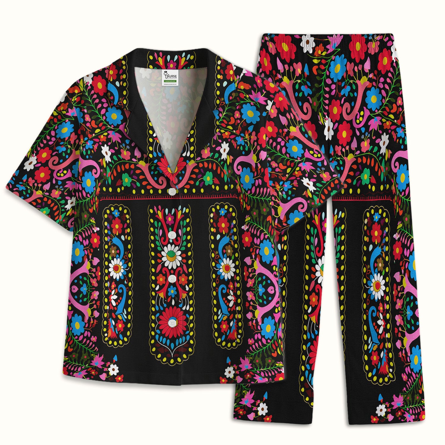 Colorful Folk Art Floral Pattern Pajama Set, Soft Breathable Fabric Comfortable Sleepwear