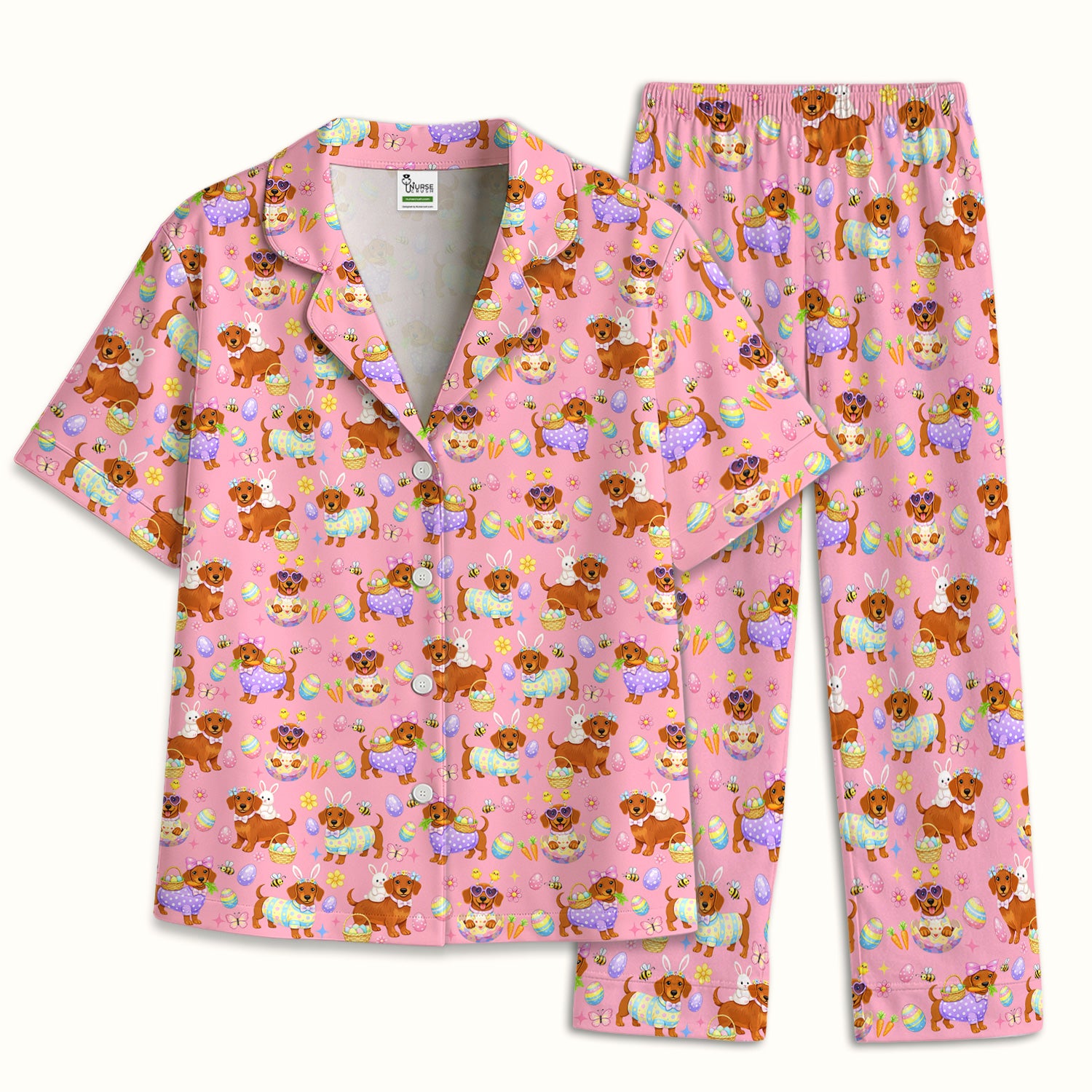 Cute Easter Dachshund Dog Pattern Pajama Set, Breathable Fabrics Uniform