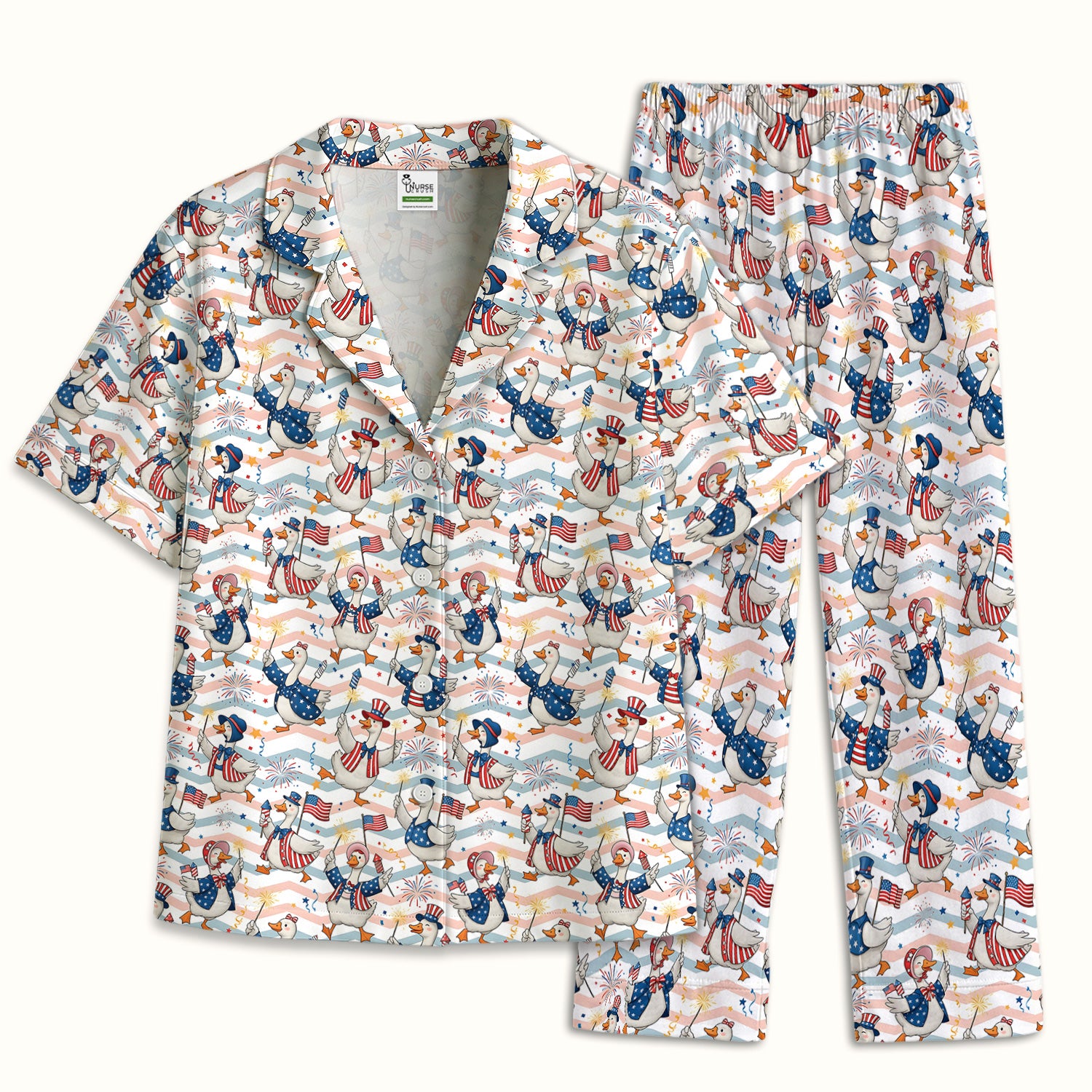 Patriotic Goose Fireworks Parade Pattern Pajama Set, Soft Breathable Fabric Comfortable Sleepwear