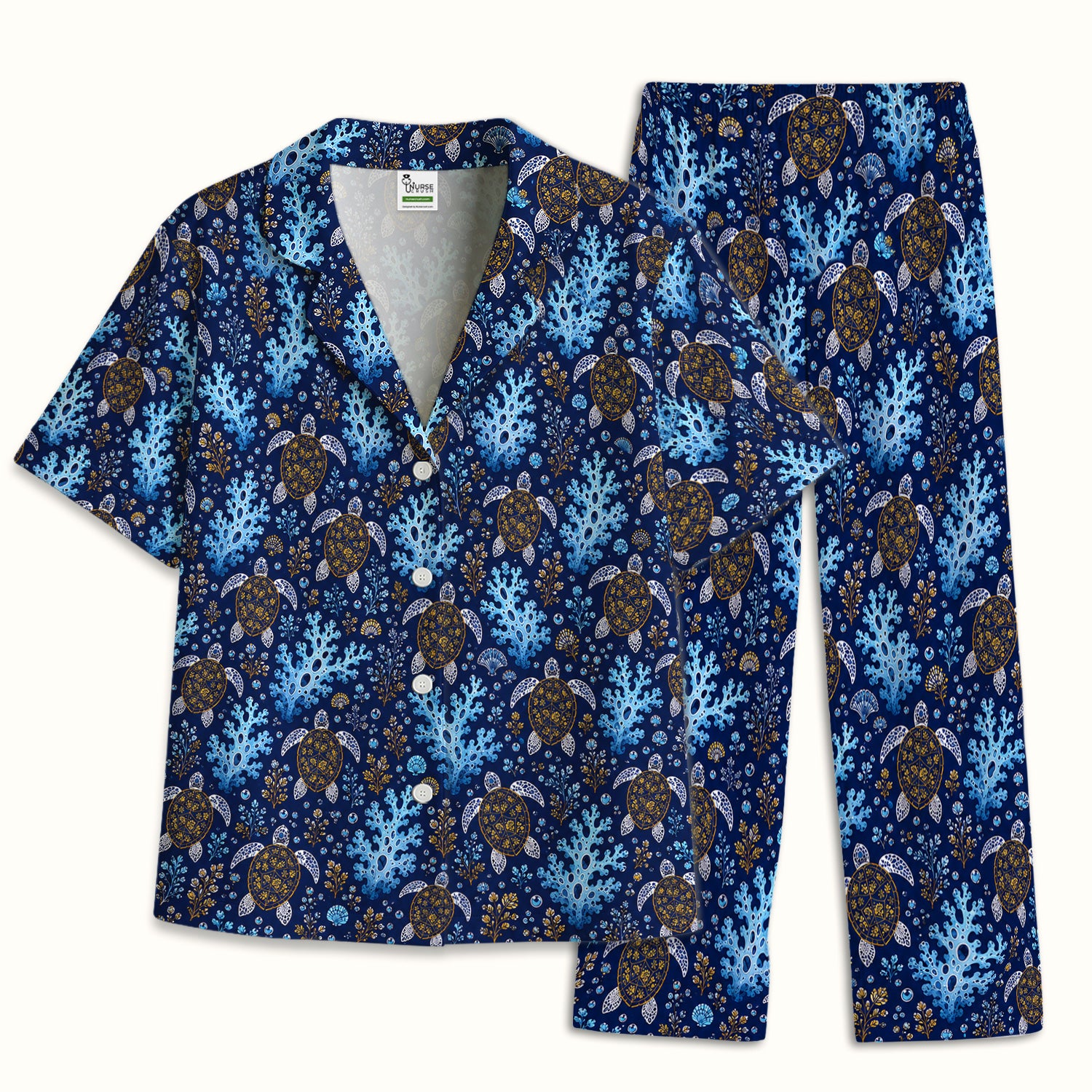 Ocean Turtle Coral Nurse Pattern Pajama Set, Soft Breathable Fabric Comfortable Sleepwear
