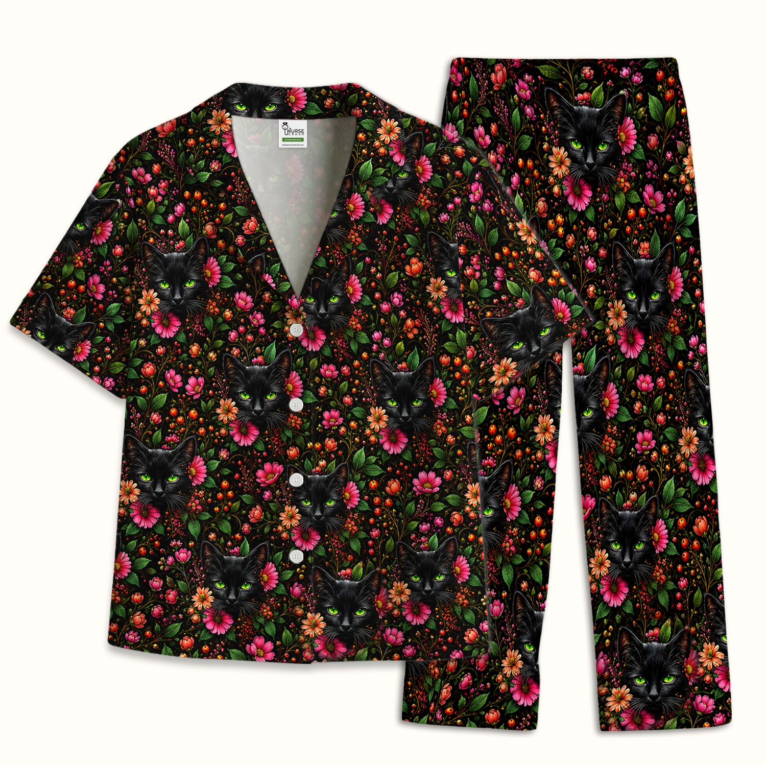 Adorable Black Cat Blossom Pattern Pajama Set, Soft Breathable Fabric Comfortable Sleepwear