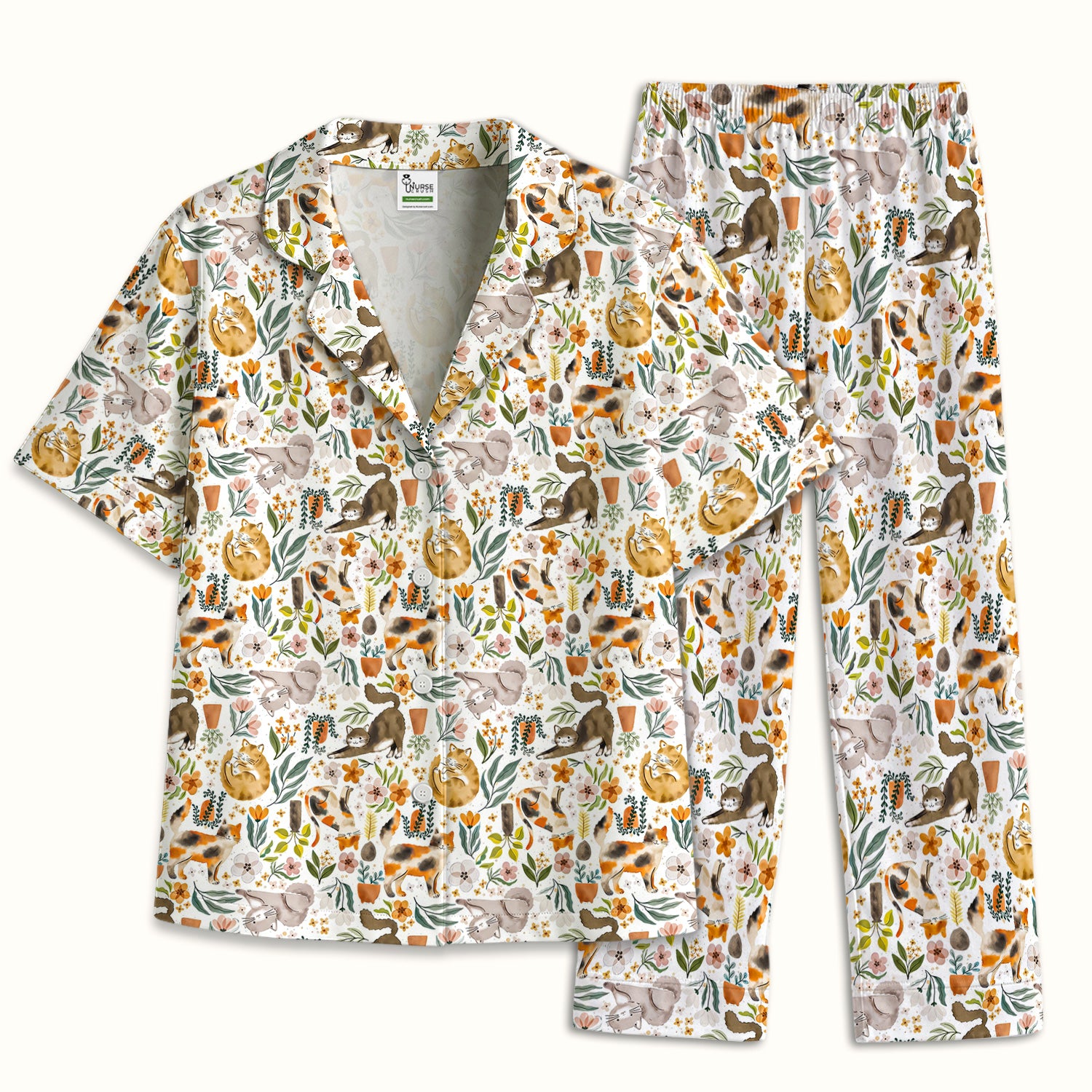 Cat Wildflower Garden Floral Pattern Pajama Set, Breathable Fabrics Uniform