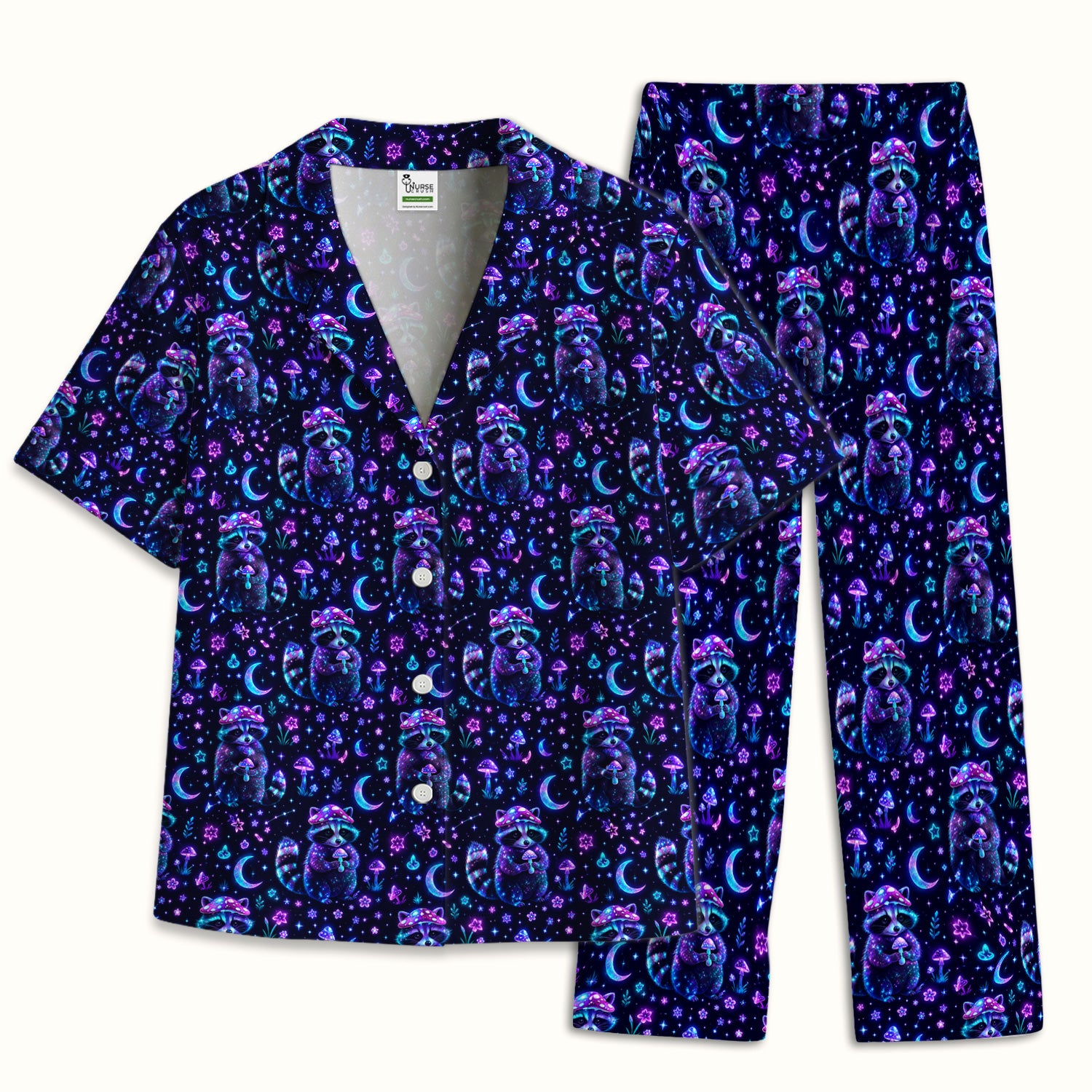 Neon Mushroom Raccoon Moonlight Pattern Pajama Set, Soft Breathable Fabric Comfortable Sleepwear