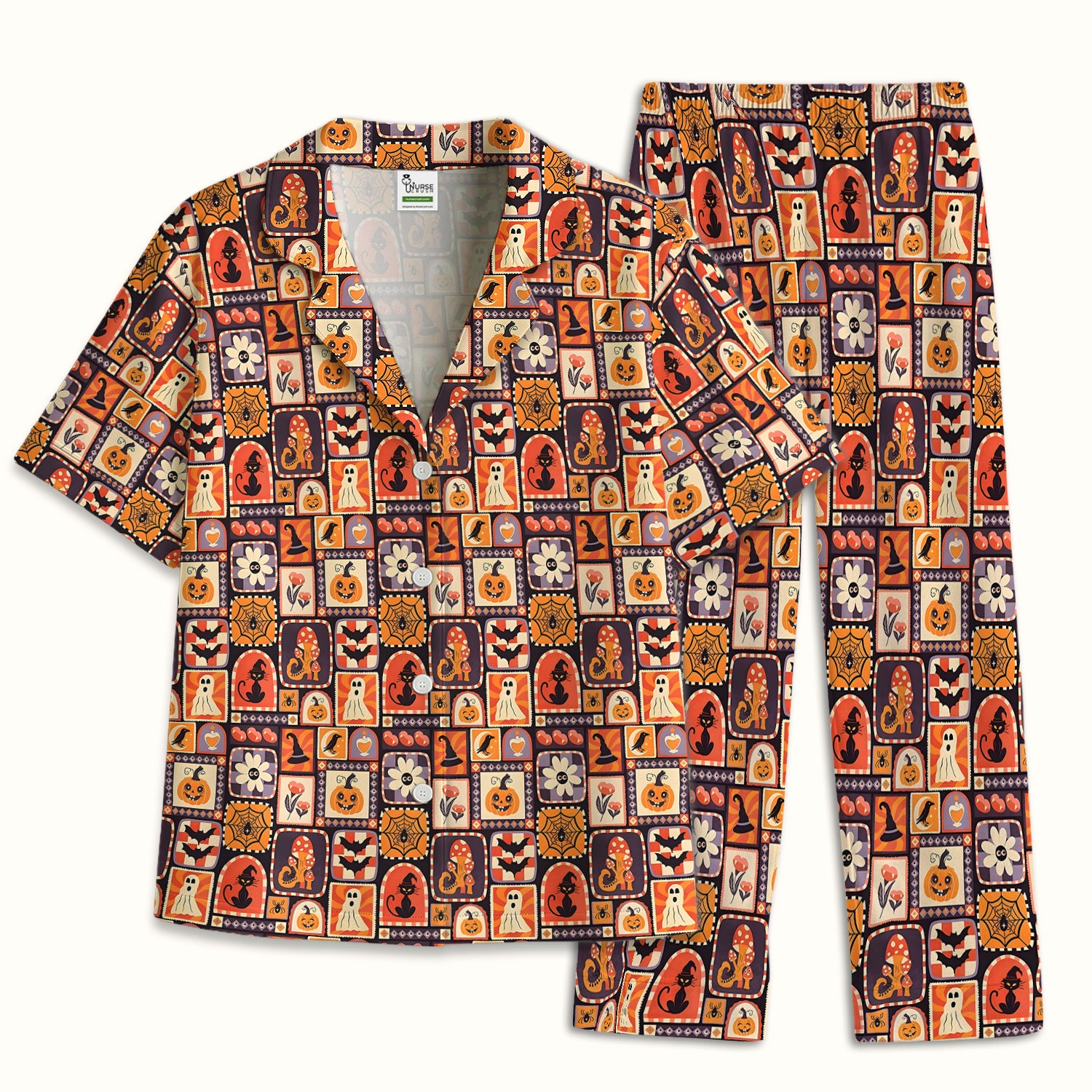 Retro Halloween Patchwork Icons Pajama Set, Soft Breathable Fabric Comfortable Sleepwear
