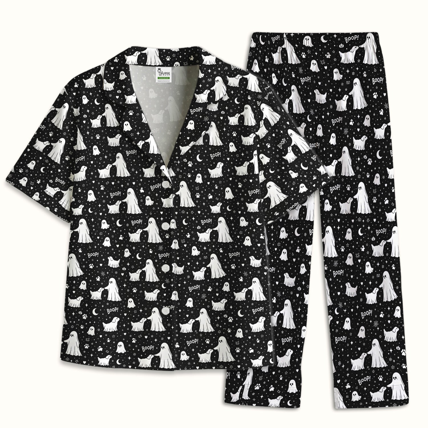 Halloween Ghost Boop Dog Pattern Pajama Set, Soft Breathable Fabric Comfortable Sleepwear