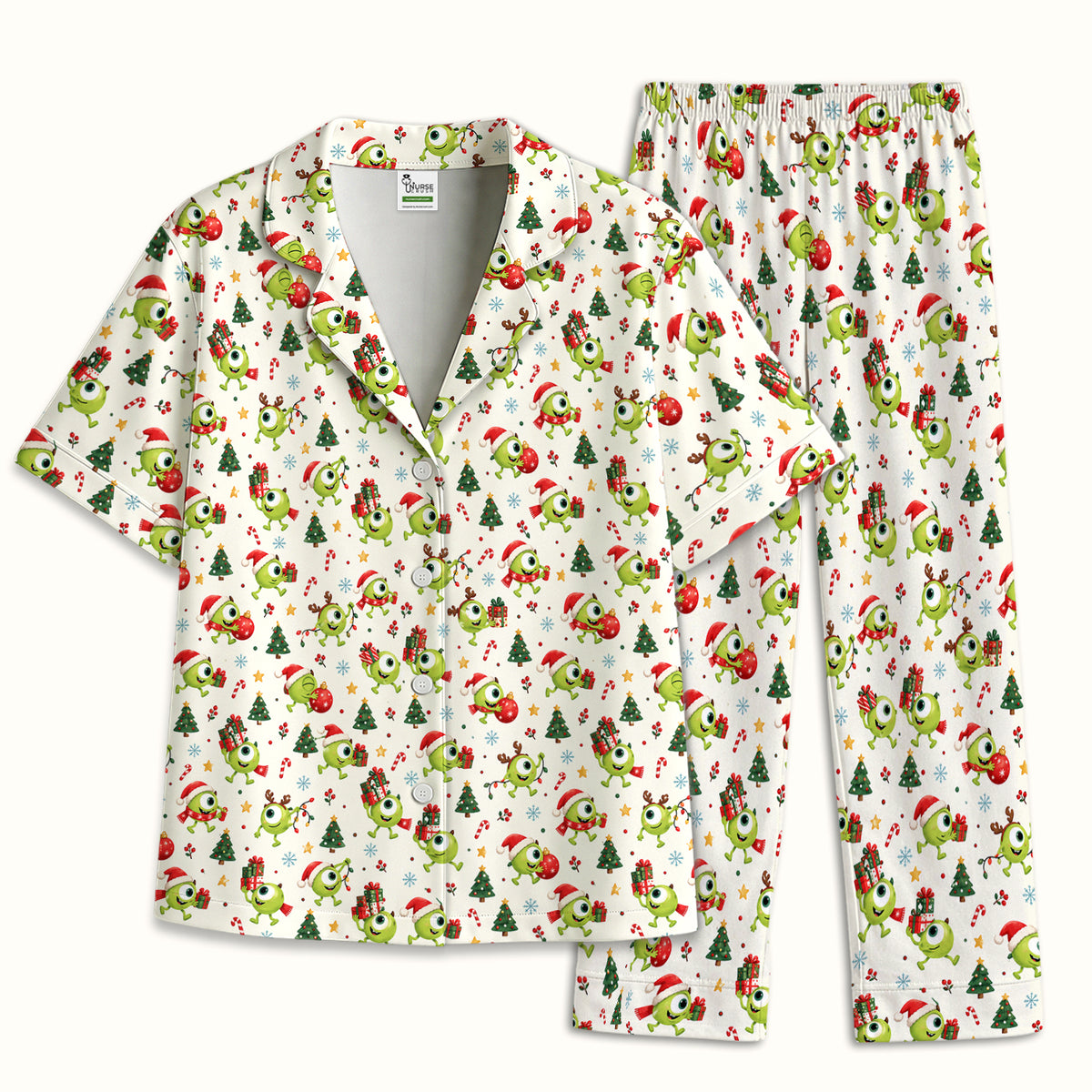 Christmas One Eyed Green Monsters Pajama Set, Soft Breathable Fabric Comfortable Sleepwear