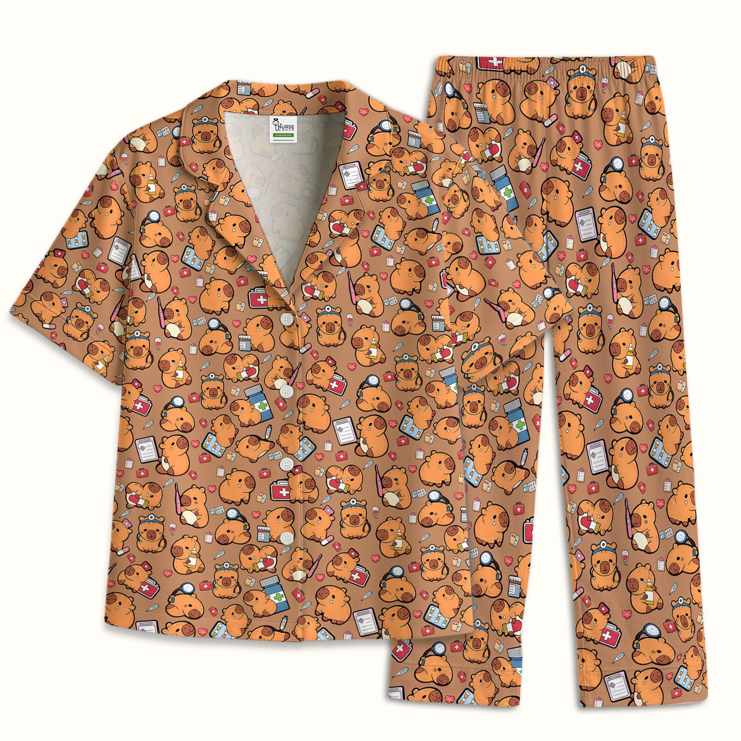 Capybara With Stethoscope And Medical Tools Seamless Pajama Set, Breathable Fabrics Uniform