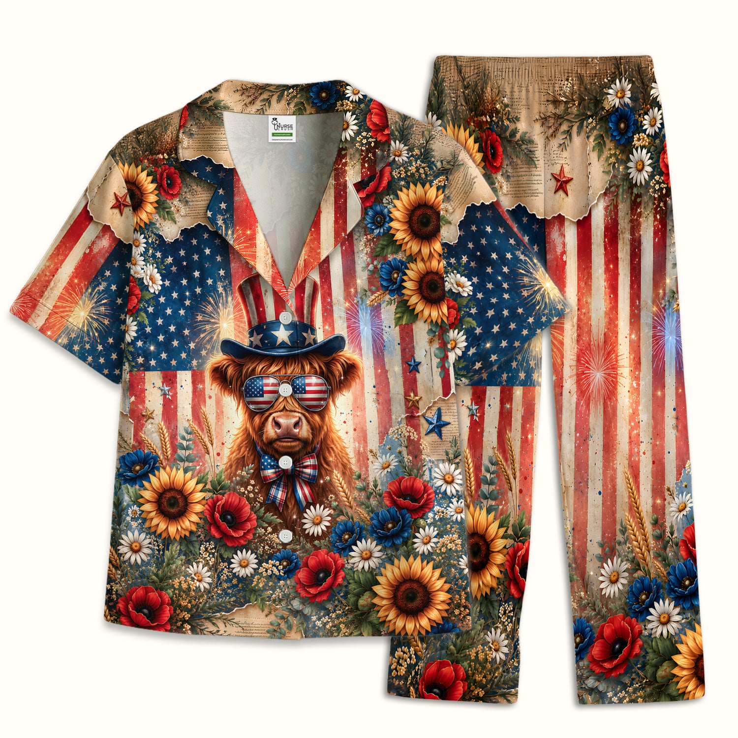 Patriotic Highland Cow Nurse for RN, CNA, Healthcare Workers Pajama Set, Soft Breathable Fabric Comfortable Sleepwear