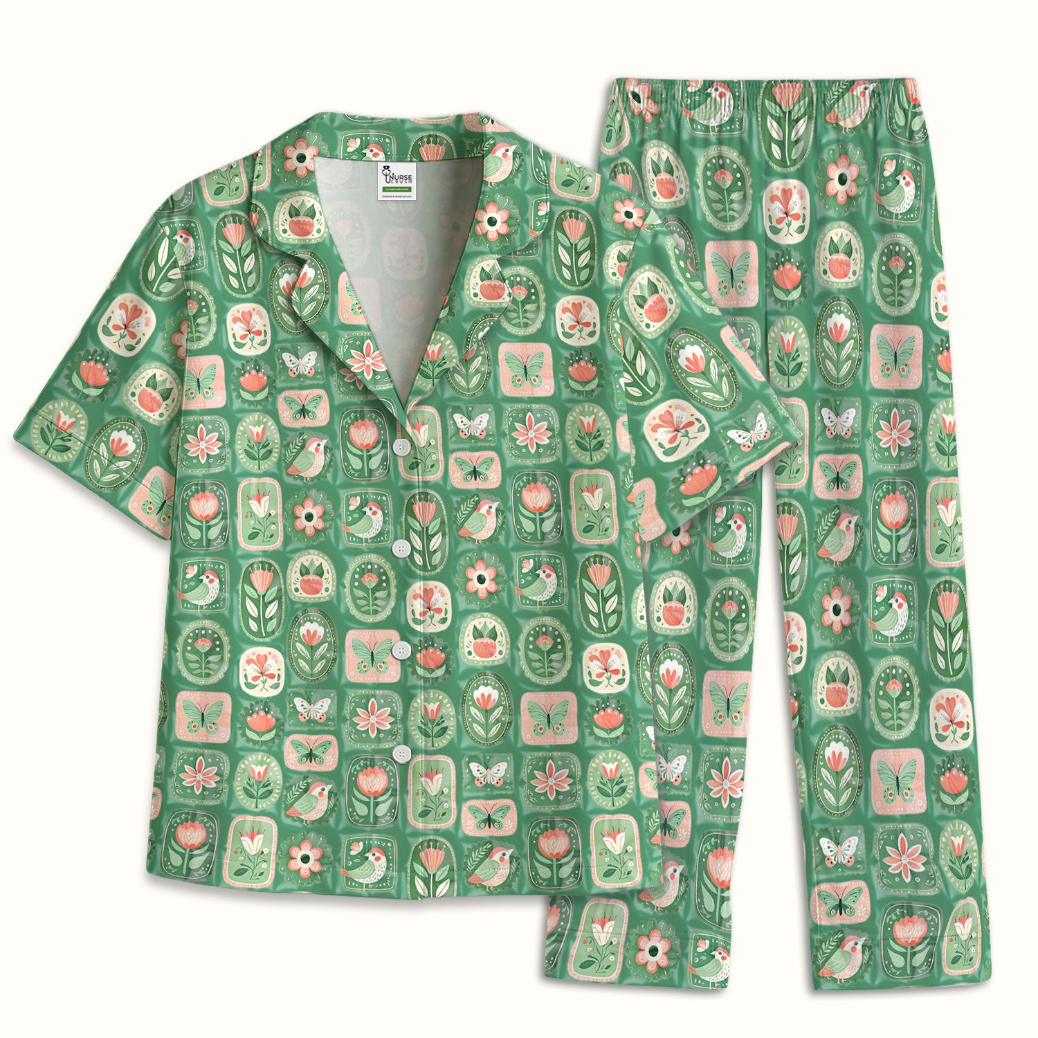 Folk Art Floral Bird Butterfly Garden Pattern Pajama Set, Soft Breathable Sleepwear