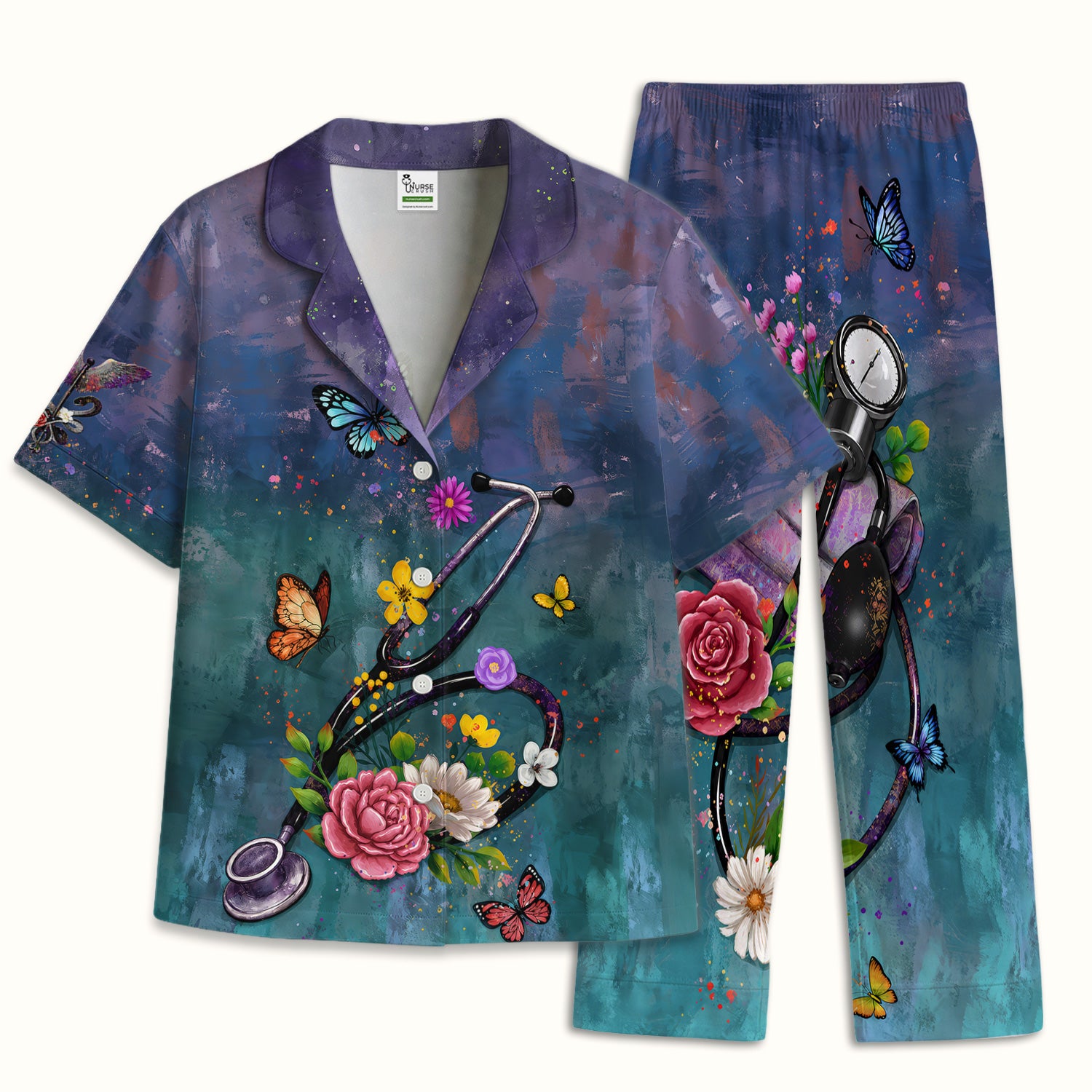 Floral Stethoscope Nurse Pattern Pajama Set, Soft Breathable Fabric Comfortable Sleepwear
