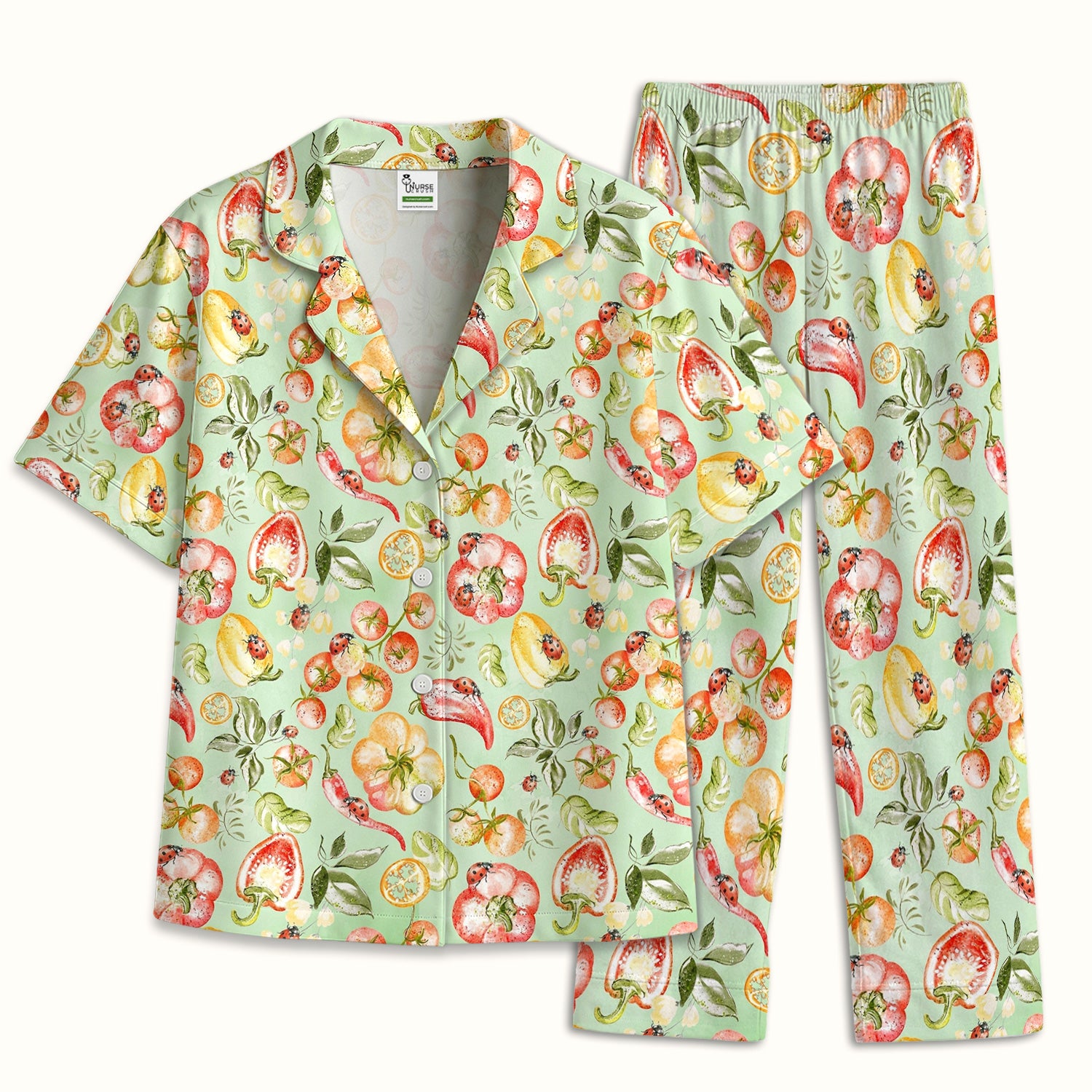 Cute Watercolor Veggie Ladybug Pattern Pajama Set, Soft Breathable Fabric Comfortable Sleepwear