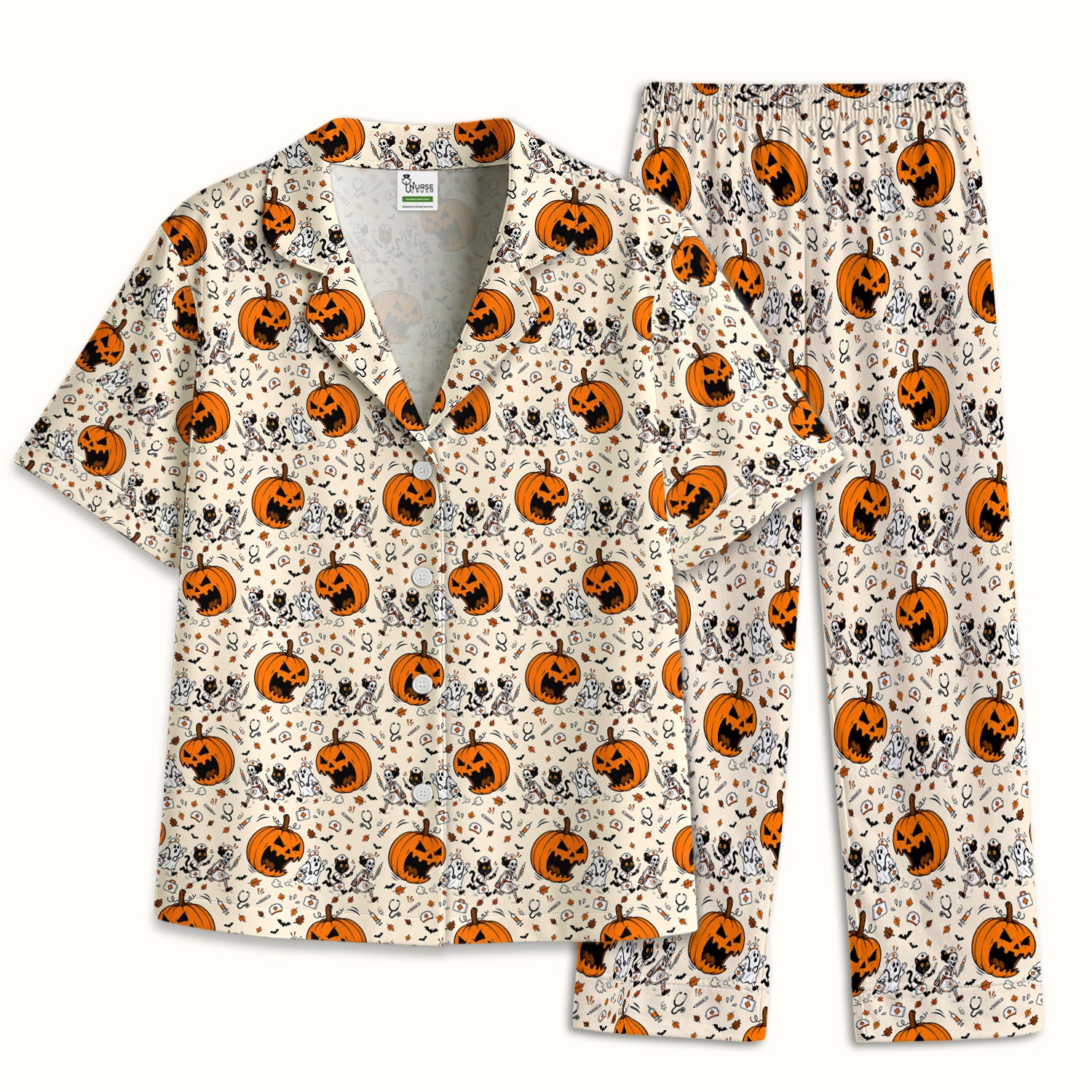 Funny Halloween Pumpkin Chasing Nurses Pajama Set, Soft Breathable Fabric Comfortable Sleepwear