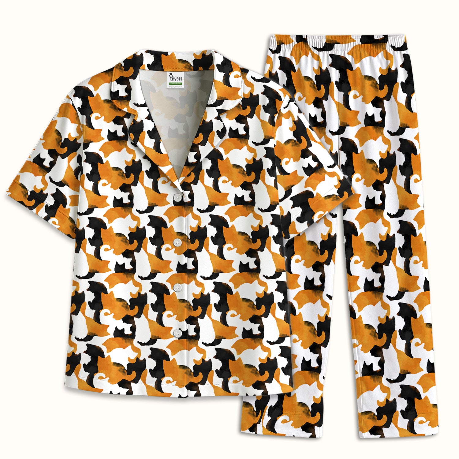 Calico Cat Silhouette Pattern Pajama Set, Soft Breathable Fabric Comfortable Sleepwear