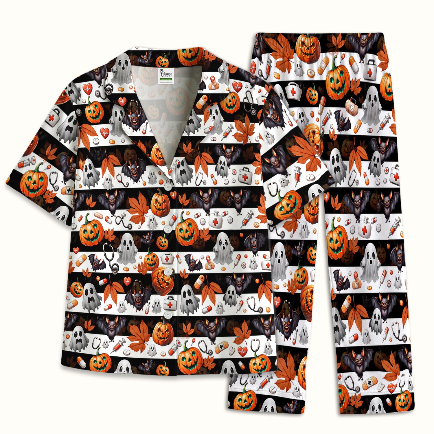 Halloween Ghost And Medical Icons Pajama Set, Soft Breathable Fabric Comfortable Sleepwear