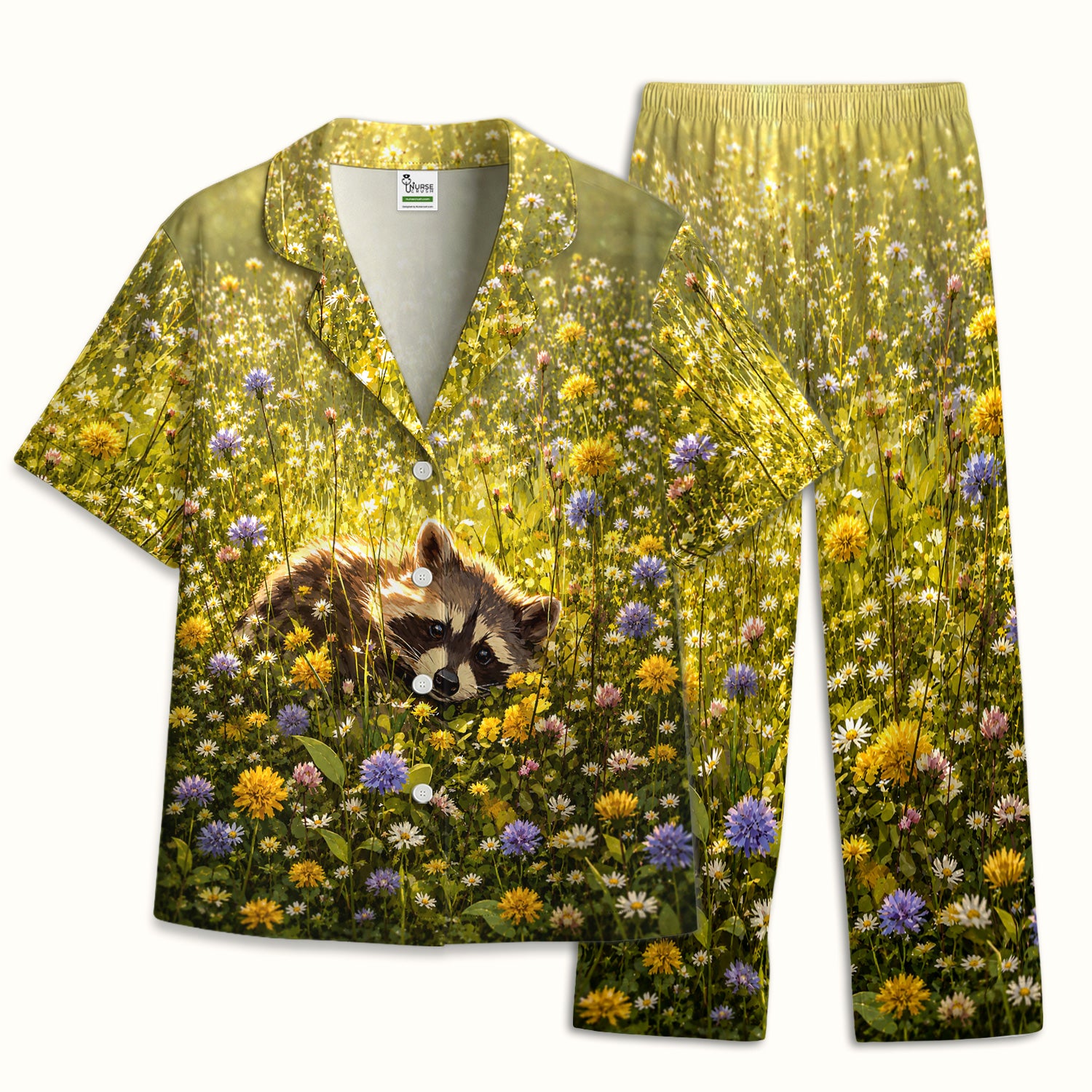 Meadow Raccoon Wildflower Garden Pattern Pajama Set, Soft Breathable Fabric Comfortable Sleepwear