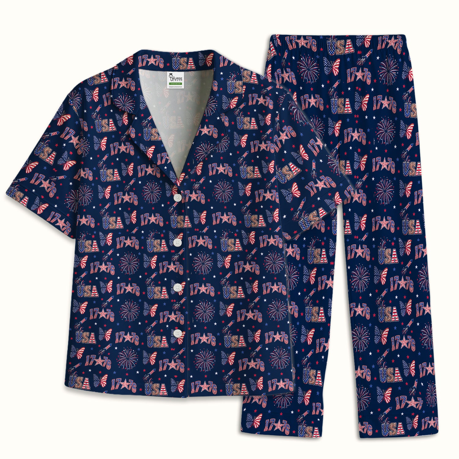 USA Fireworks Butterfly Pattern Pajama Set, Soft Breathable Fabric Comfortable Sleepwear