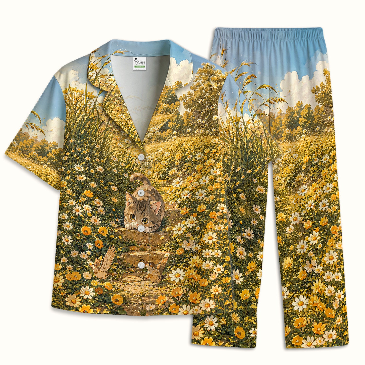 Sunny Garden Cat Nurse Pattern, Floral Medical Pajama Set, Soft Breathable Fabric Comfortable Sleepwear