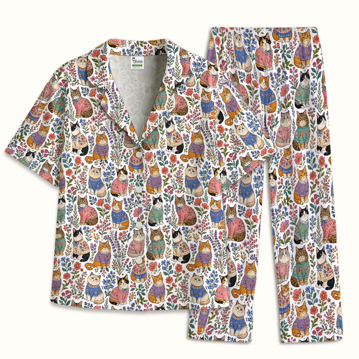 Cute Floral Cat Pattern Pajama Set, Soft Breathable Fabric Comfortable Sleepwear