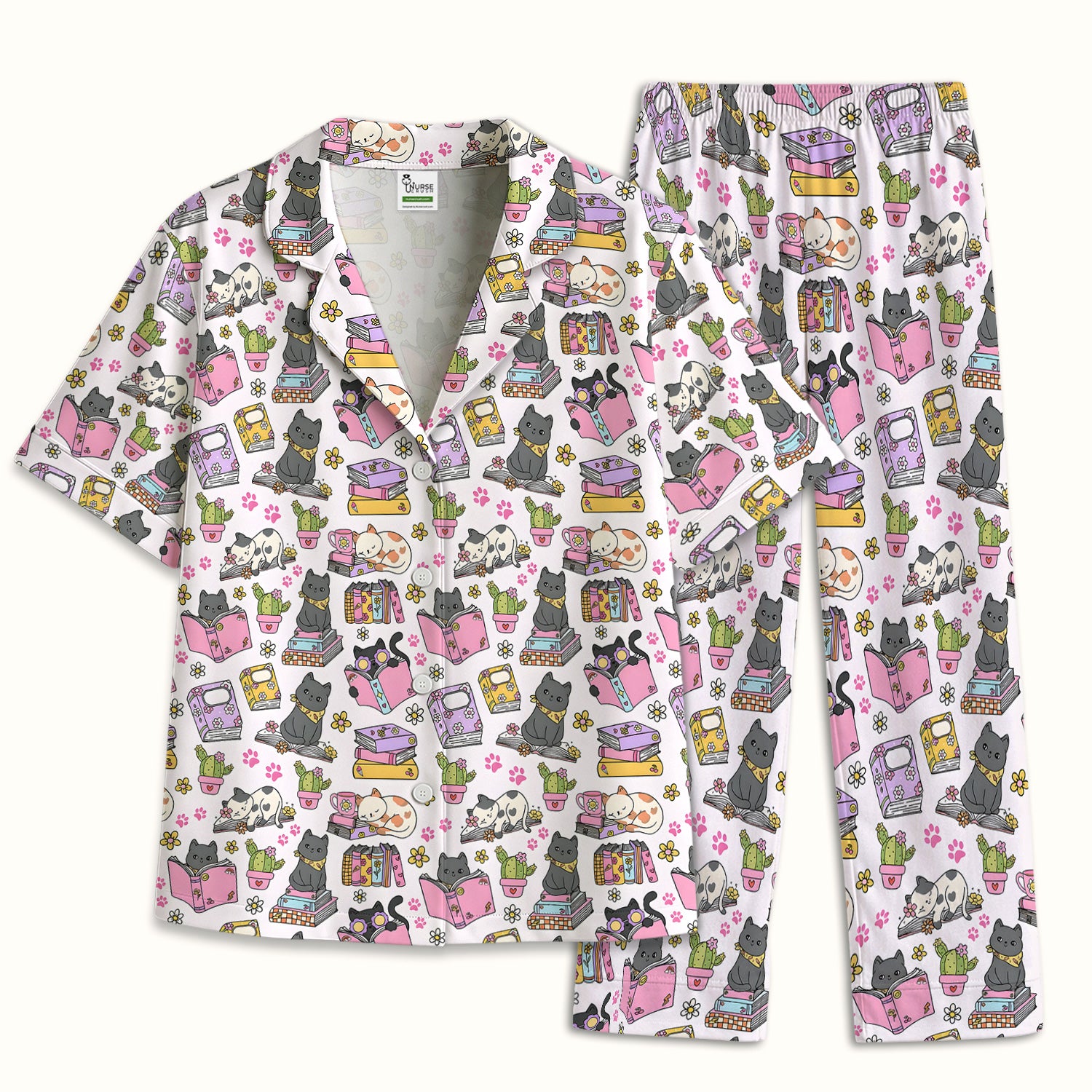 Cute Cat Book Cactus Seamless Pattern Pajama Set, Soft Breathable Fabric Comfortable Sleepwear