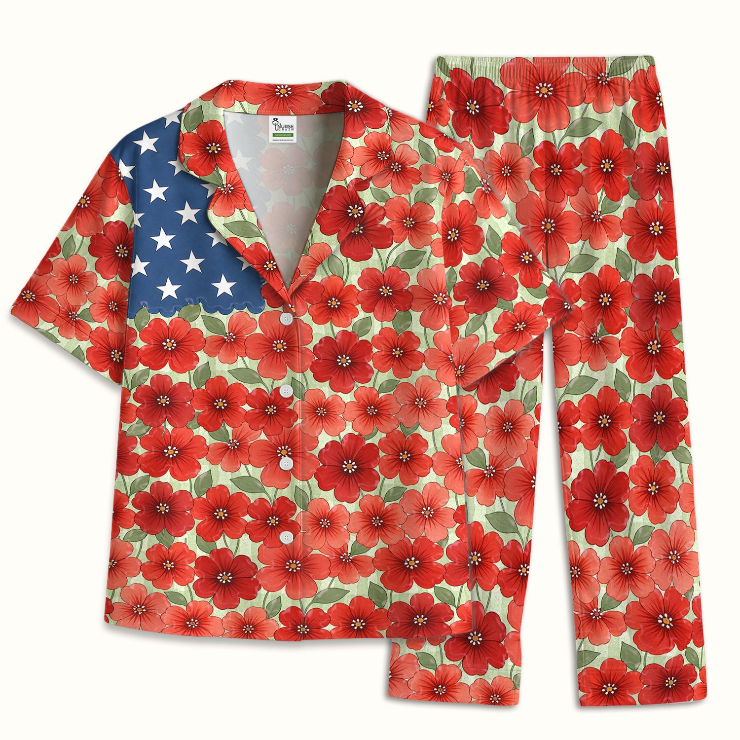 Patriotic USA Flag With Red Floral Blossom Pattern Pajama Set, Soft Breathable Fabric Comfortable Sleepwear
