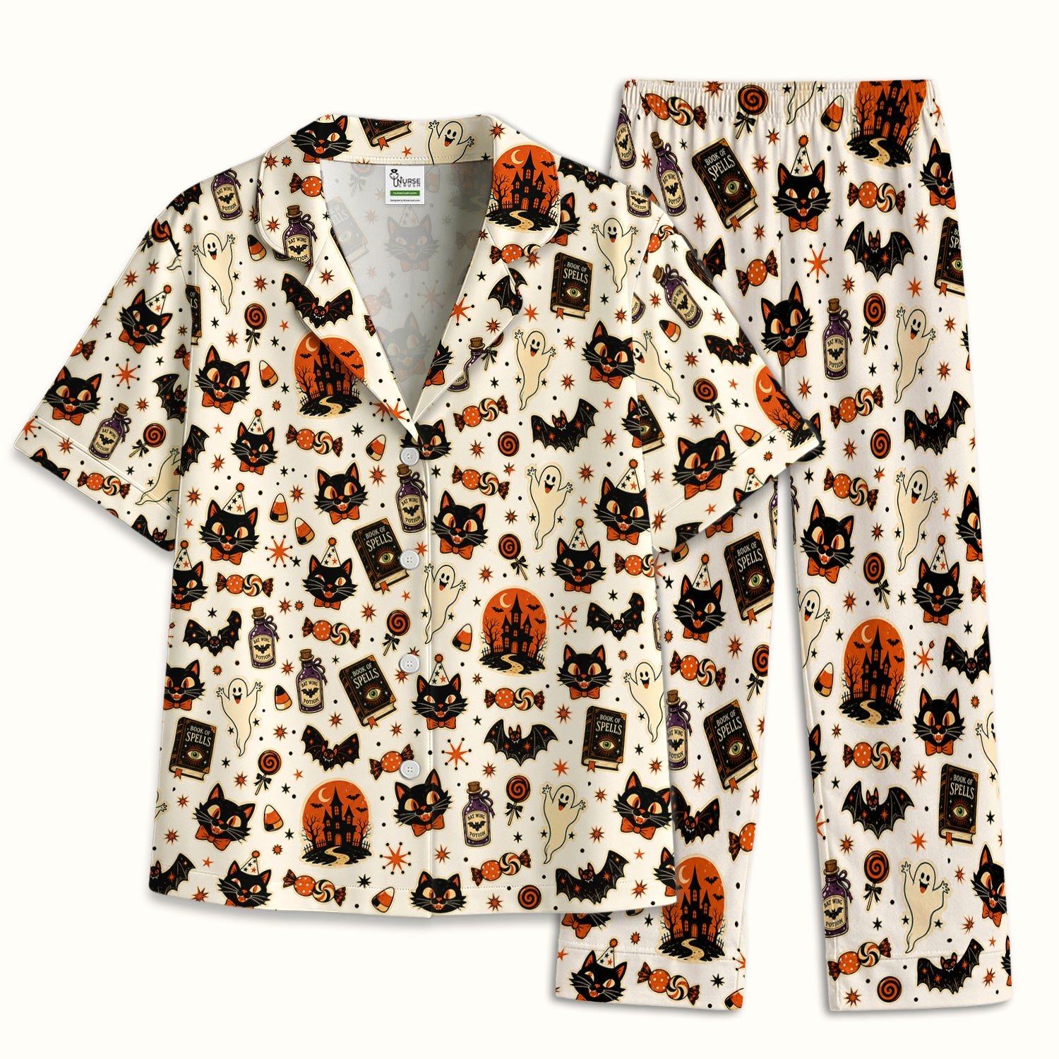 Halloween Black Cat with Ghost Candy Print Pajama Set, Soft Breathable Fabric Comfortable Sleepwear