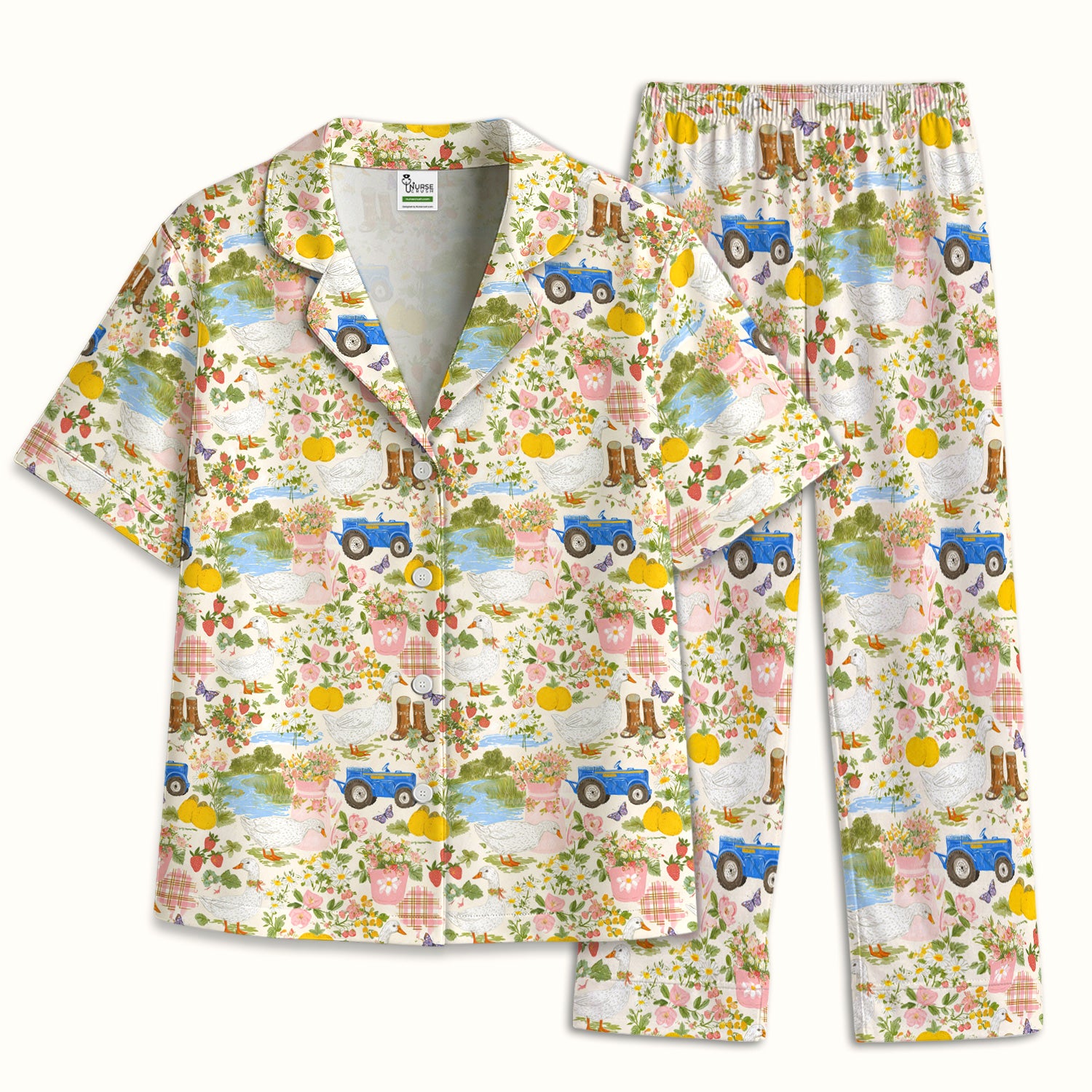 Floral and Duck Pattern Pajama Set, Breathable Fabrics Uniform
