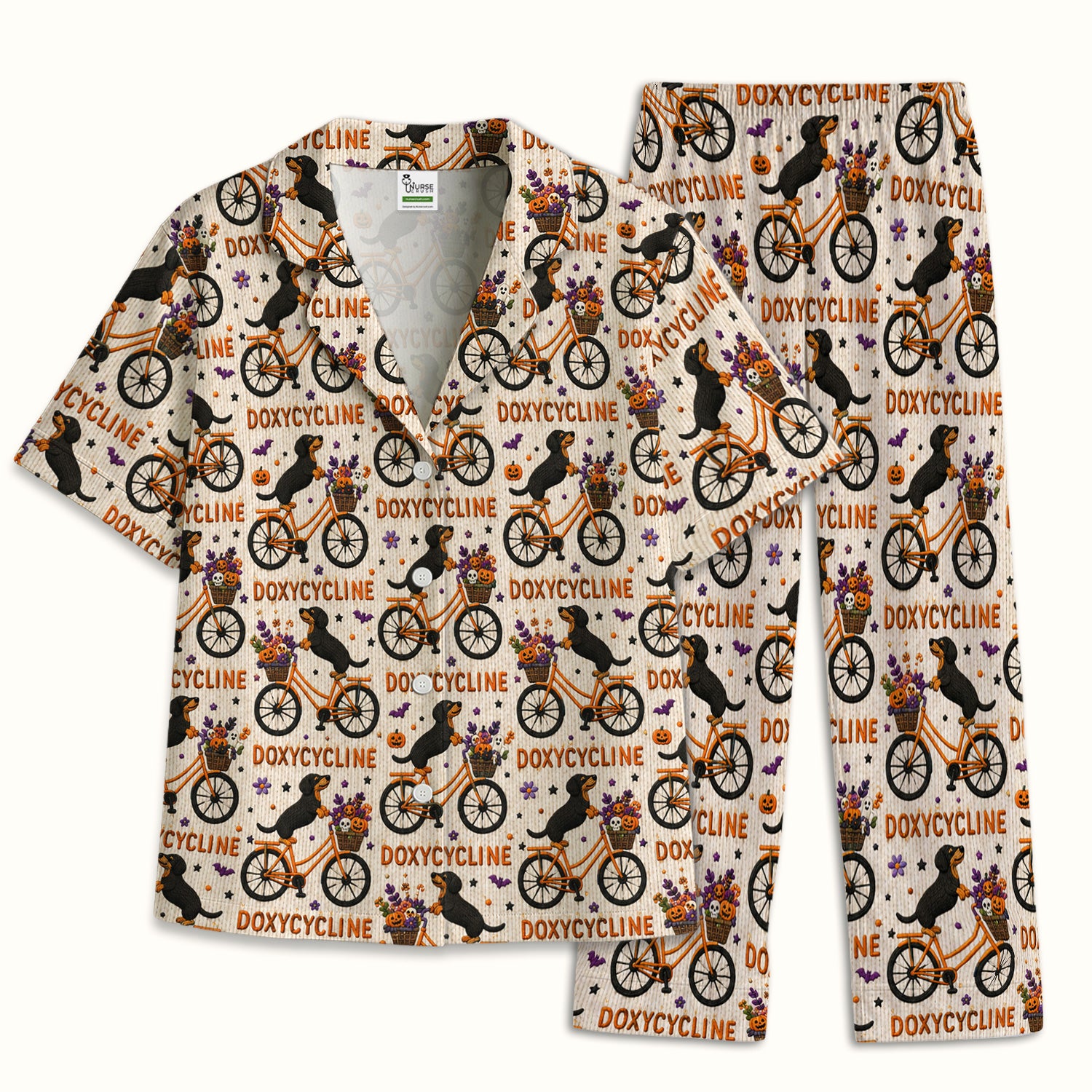 Halloween Dachshund with Doxycycline Bike Print Pajama Set, Soft Breathable Fabric Comfortable Sleepwear